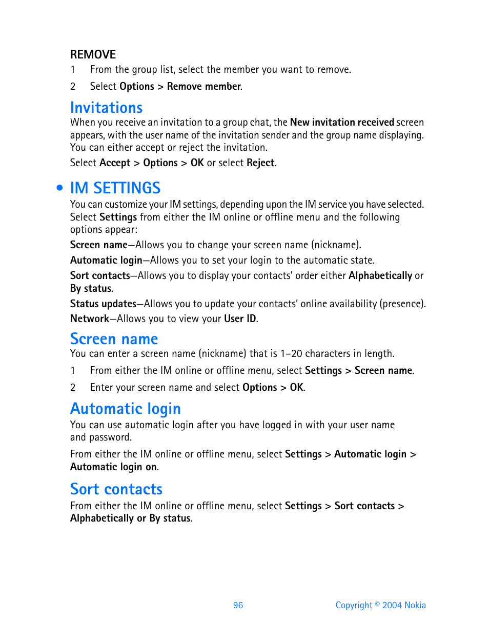 Im settings, Invitations, Screen name | Automatic login, Sort contacts | Nokia 3595 User Manual | Page 107 / 153