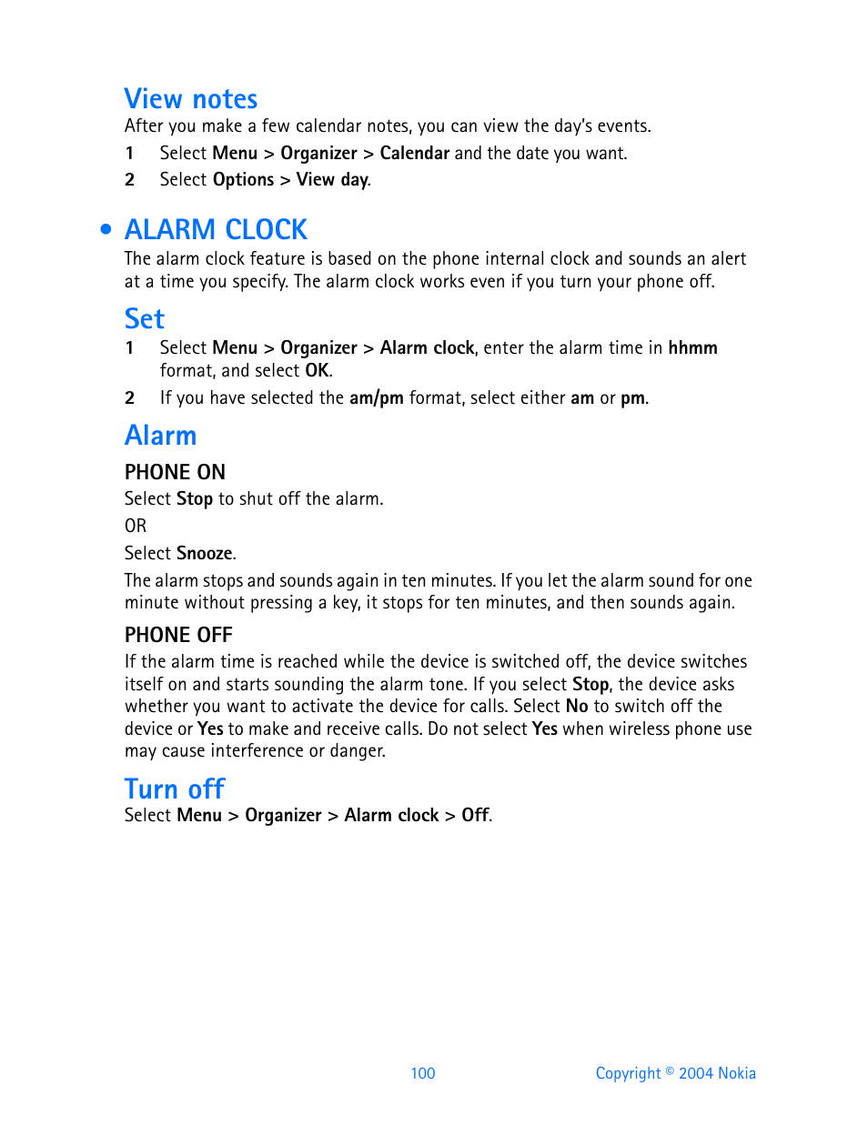 Alarm clock, Alarm, Turn off | Nokia 3595 User Manual | Page 111 / 153