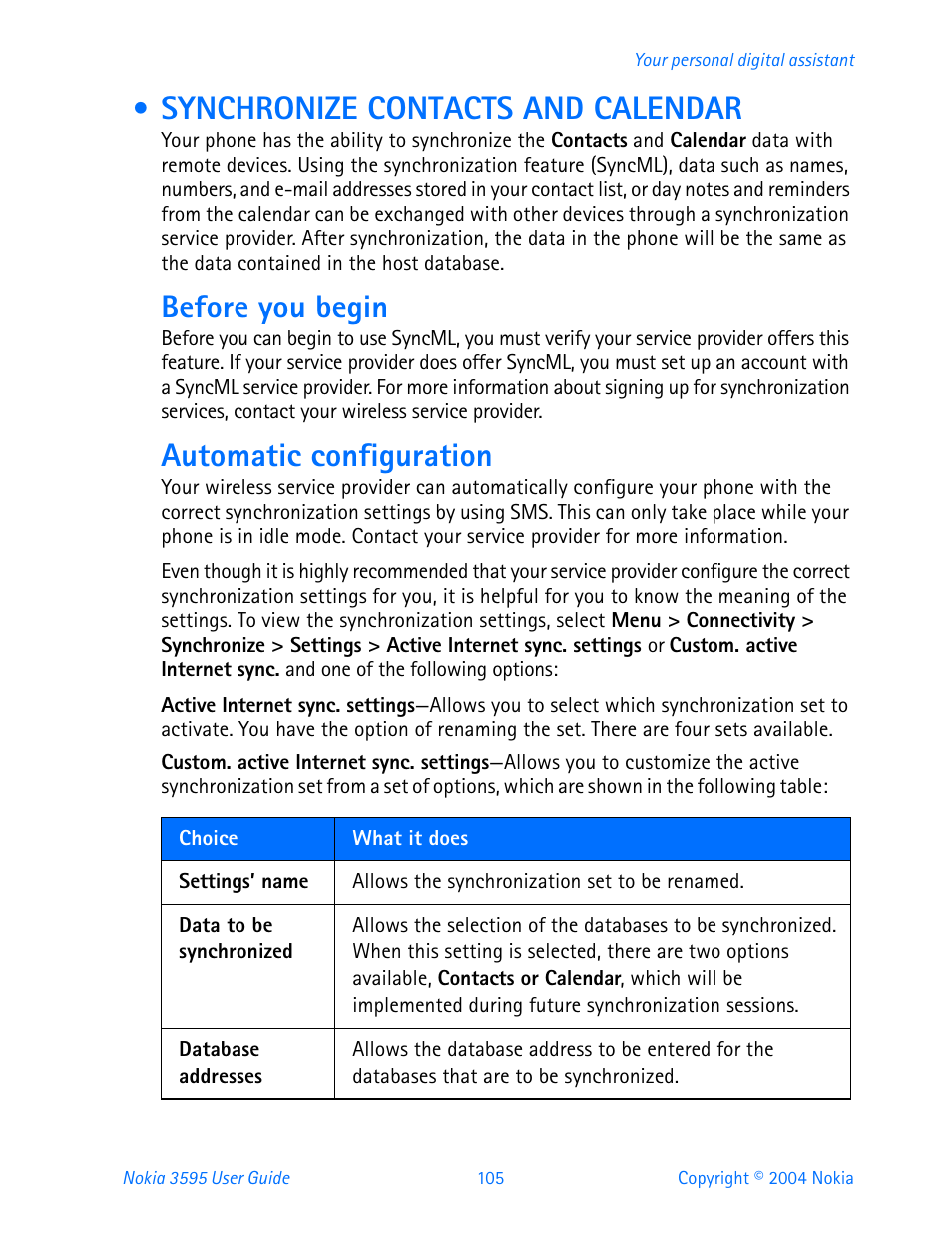 Synchronize contacts and calendar, Before you begin, Automatic configuration | Nokia 3595 User Manual | Page 116 / 153