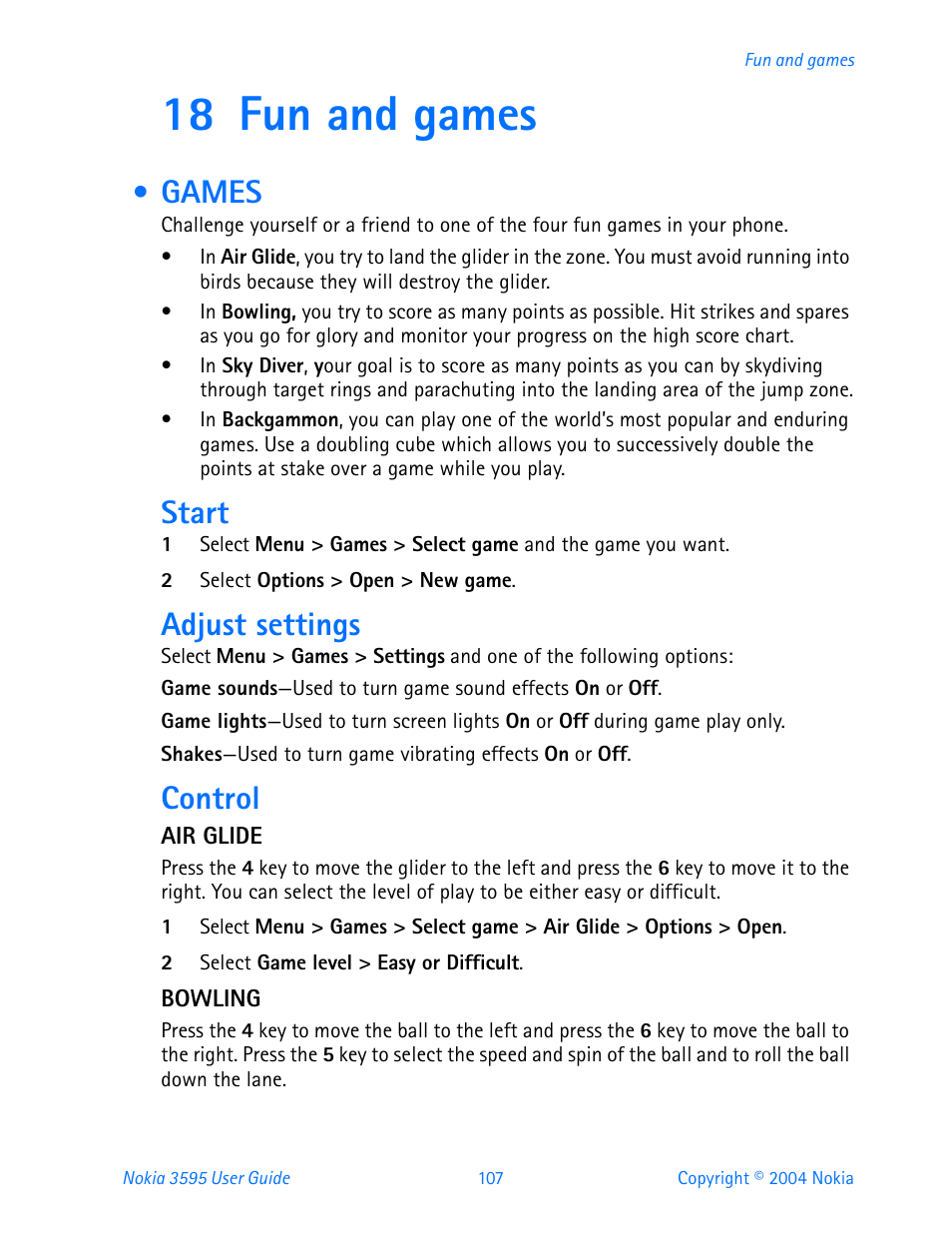 18 fun and games, Games, Fun and games | Start, Adjust settings, Control | Nokia 3595 User Manual | Page 118 / 153