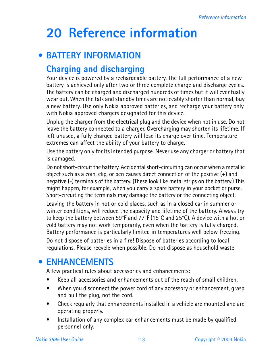 20 reference information, Battery information, Enhancements | Reference information, Battery information enhancements, Battery information charging and discharging | Nokia 3595 User Manual | Page 124 / 153