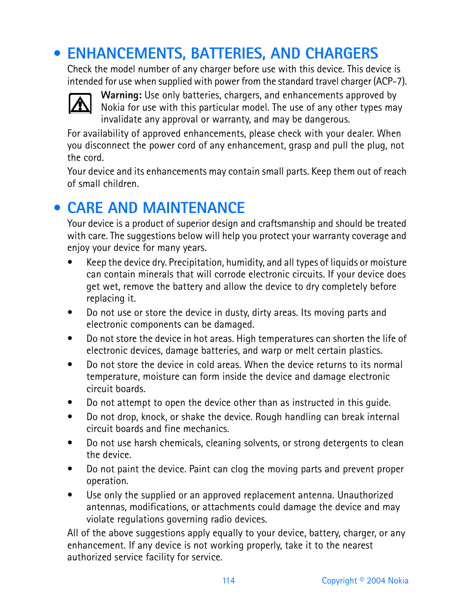 Enhancements, batteries, and chargers, Care and maintenance | Nokia 3595 User Manual | Page 125 / 153