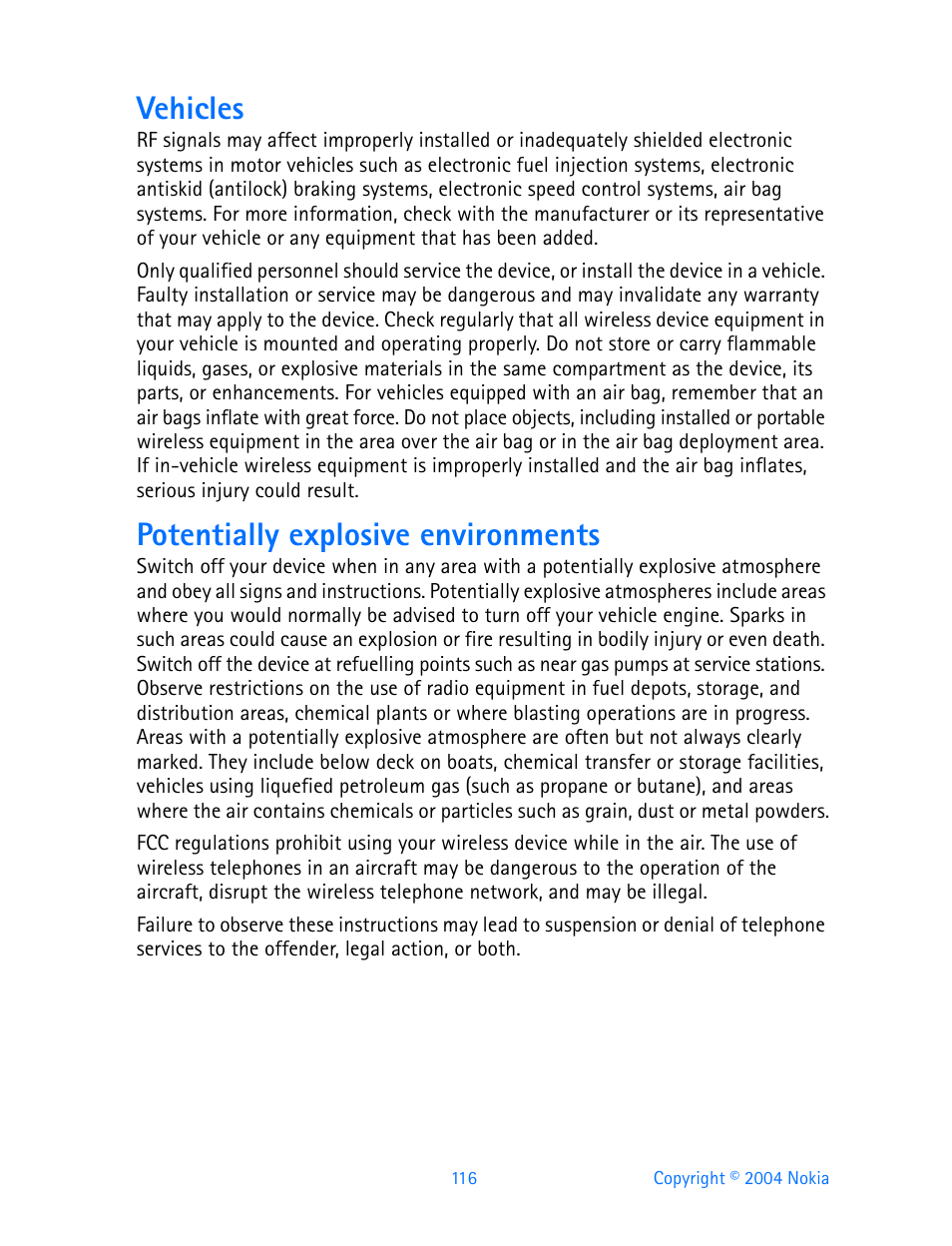 Vehicles, Potentially explosive environments | Nokia 3595 User Manual | Page 127 / 153