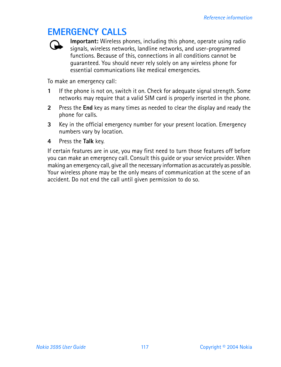 Emergency calls | Nokia 3595 User Manual | Page 128 / 153