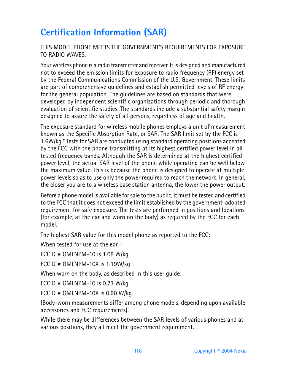 Certification information (sar) | Nokia 3595 User Manual | Page 129 / 153