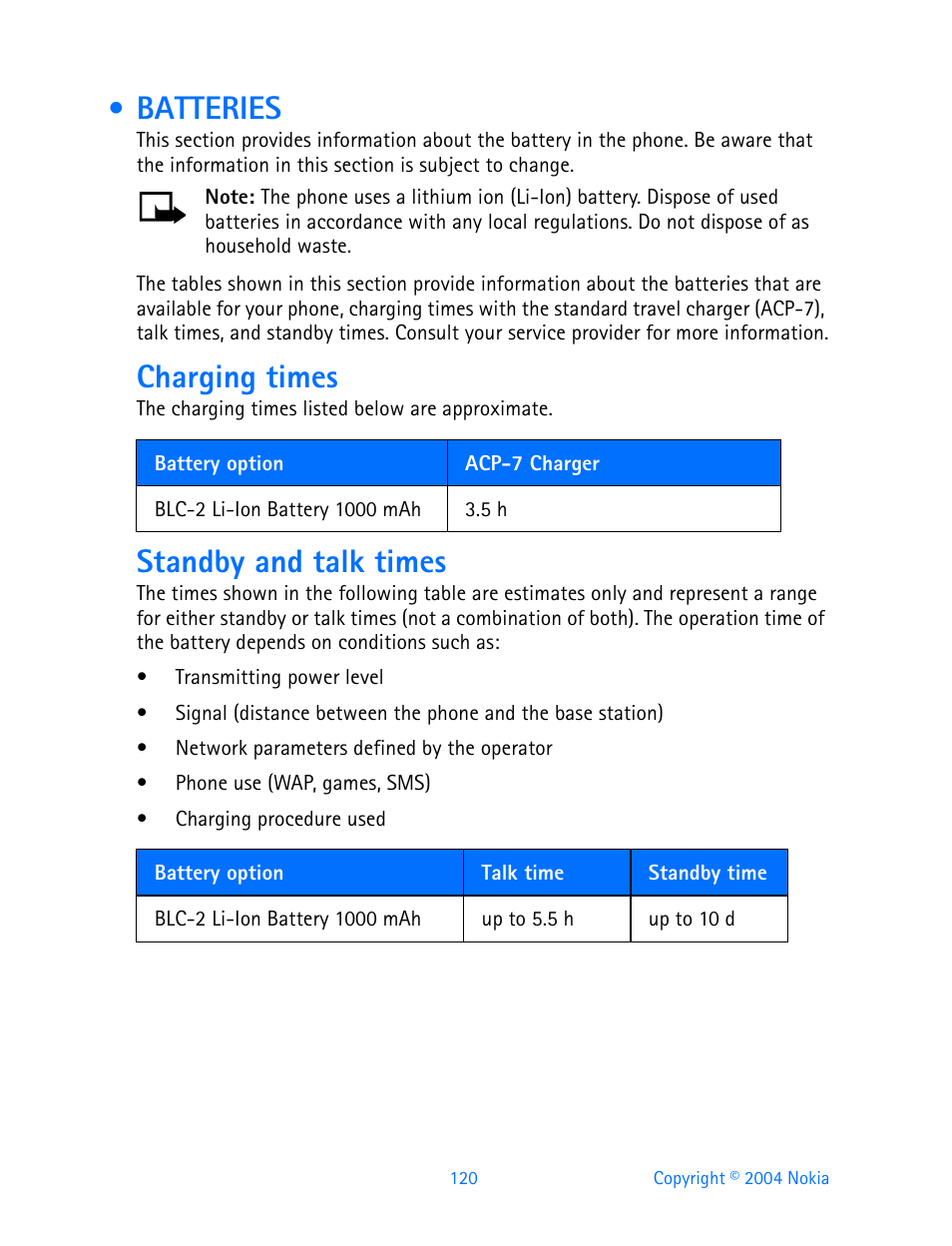 Batteries, Charging times, Standby and talk times | Nokia 3595 User Manual | Page 131 / 153