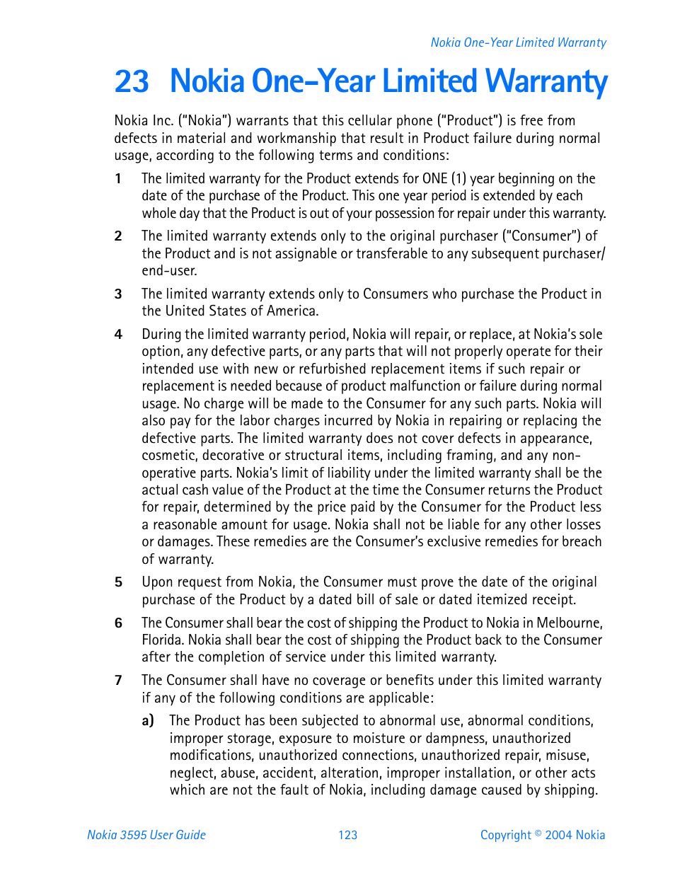 23 nokia one-year limited warranty, Nokia one-year limited warranty | Nokia 3595 User Manual | Page 134 / 153