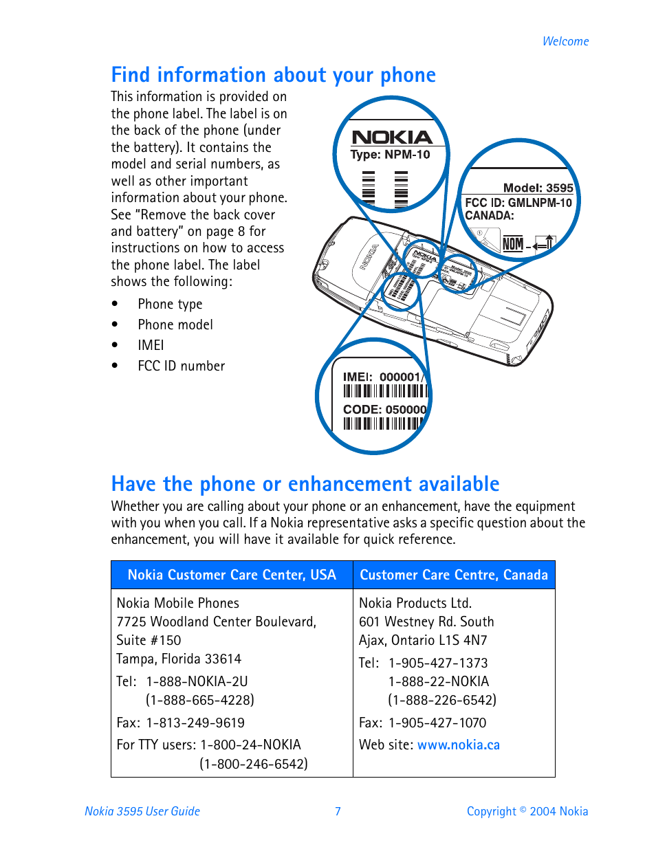 Find information about your phone, Have the phone or enhancement available | Nokia 3595 User Manual | Page 18 / 153