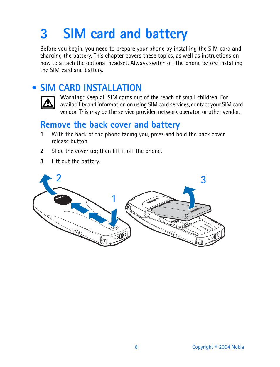 3 sim card and battery, Sim card installation, Sim card and battery | 3sim card and battery, Remove the back cover and battery | Nokia 3595 User Manual | Page 19 / 153