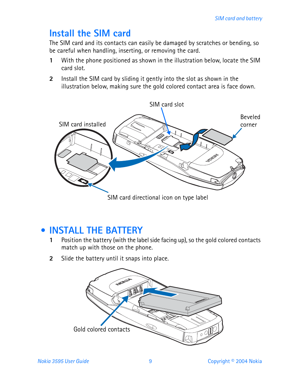 Install the battery, Install the sim card | Nokia 3595 User Manual | Page 20 / 153