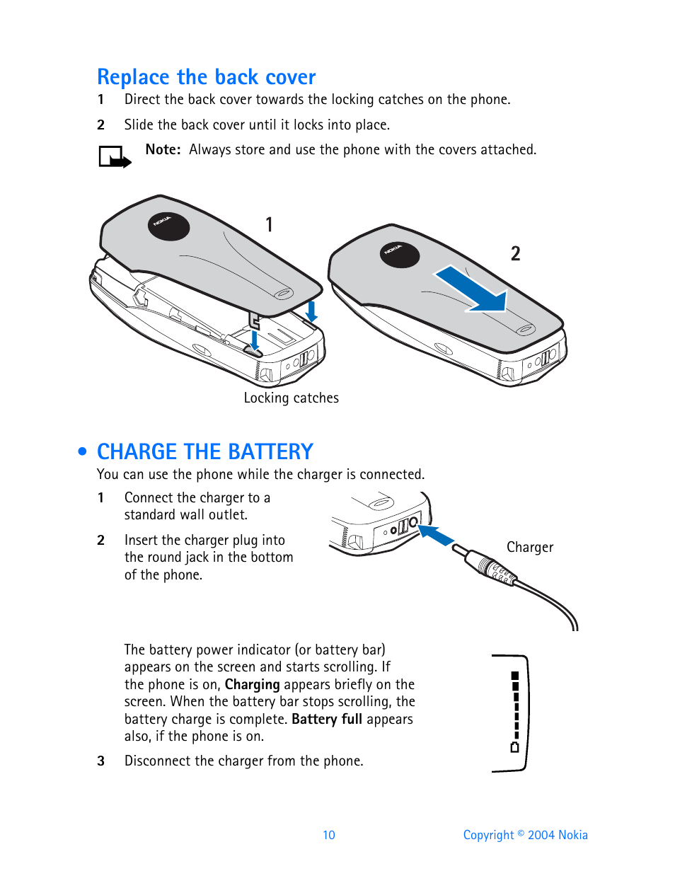 Charge the battery, Replace the back cover | Nokia 3595 User Manual | Page 21 / 153