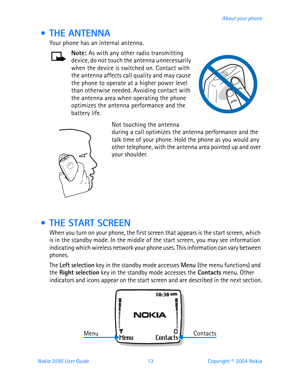 The antenna, The start screen, The antenna the start screen | Nokia 3595 User Manual | Page 24 / 153