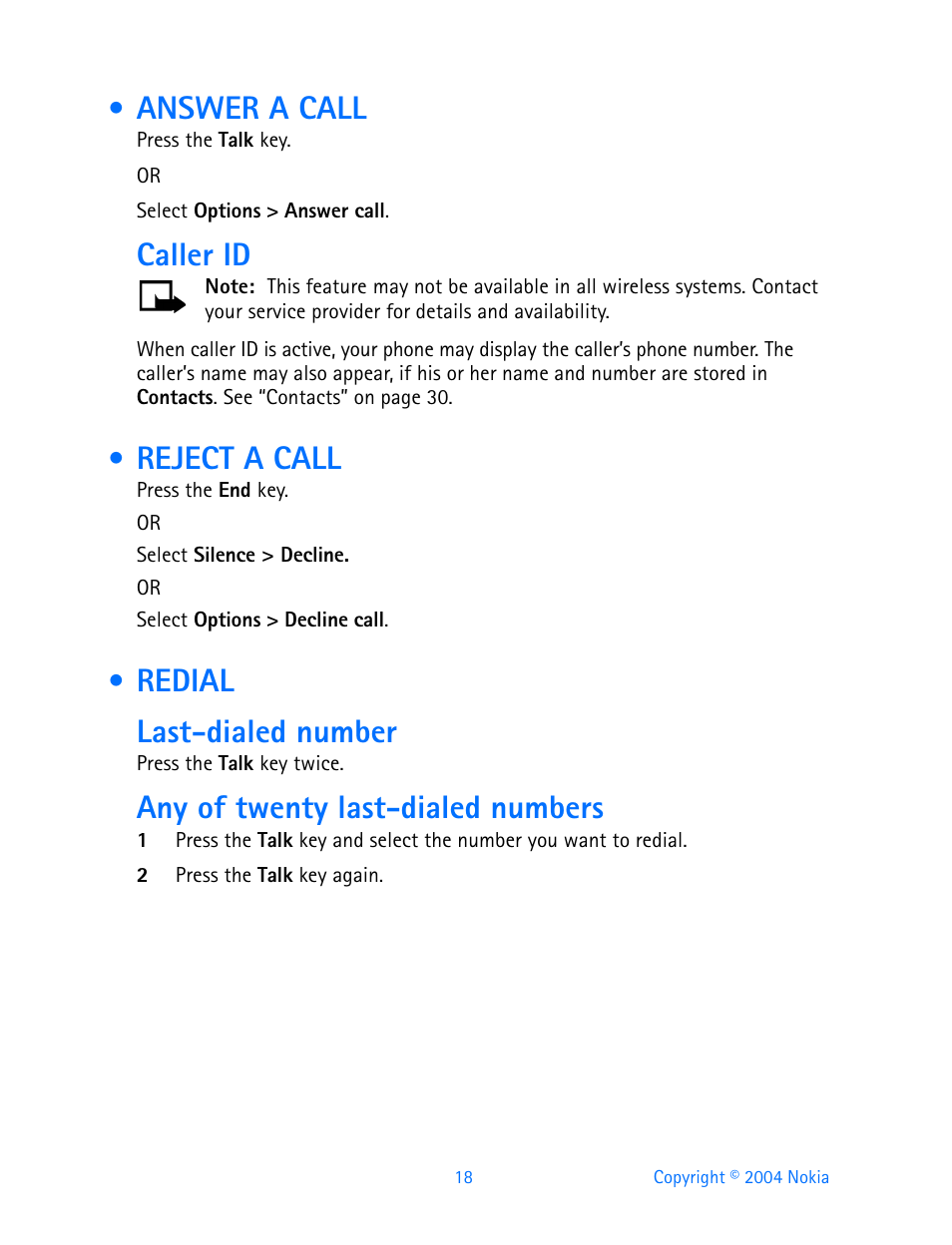 Answer a call, Reject a call, Redial | Answer a call reject a call redial, Caller id, Redial last-dialed number, Any of twenty last-dialed numbers | Nokia 3595 User Manual | Page 29 / 153