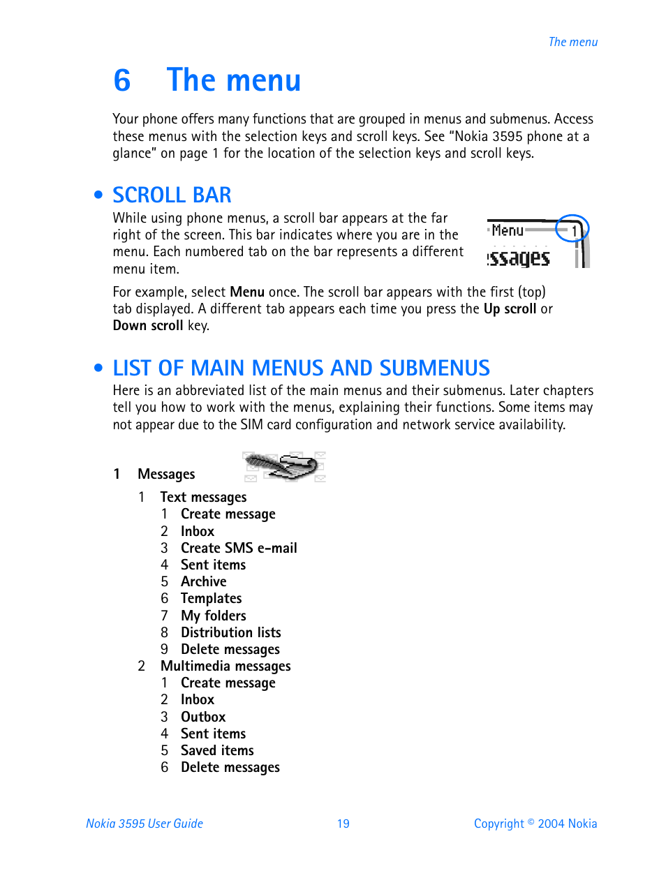 6 the menu, Scroll bar, List of main menus and submenus | The menu, Scroll bar list of main menus and submenus, 6the menu | Nokia 3595 User Manual | Page 30 / 153