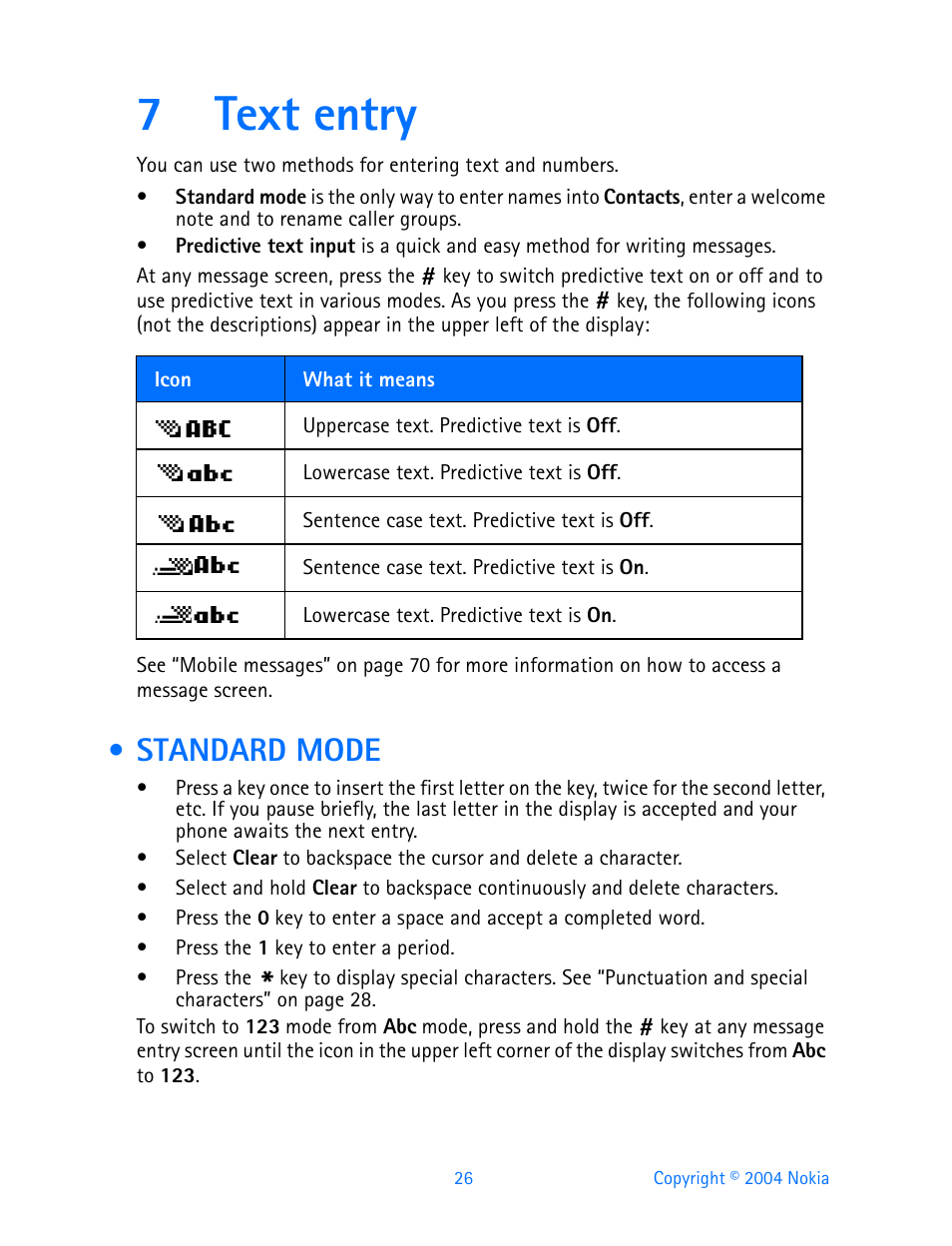 7 text entry, Standard mode, Text entry | 7text entry | Nokia 3595 User Manual | Page 37 / 153