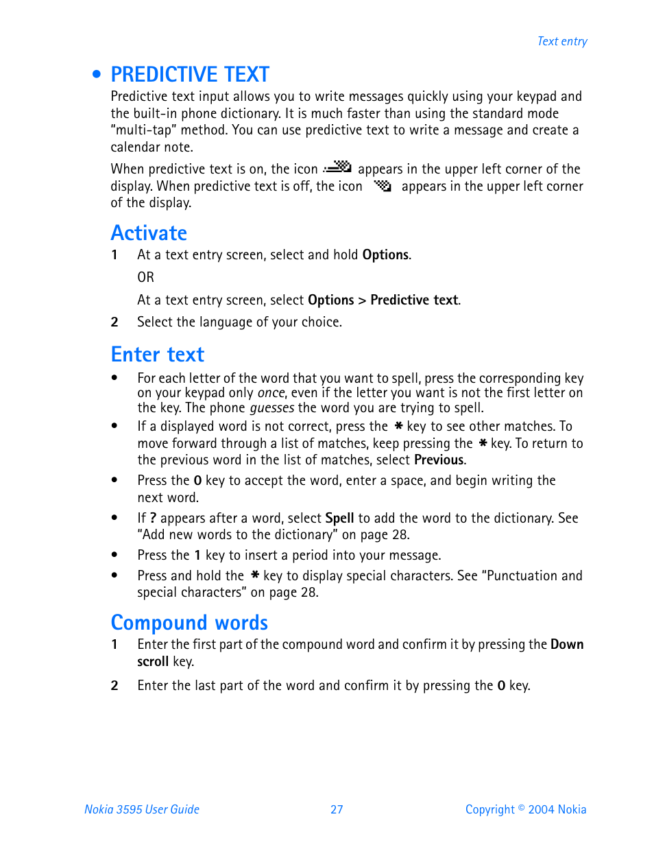Predictive text, Activate, Enter text | Compound words | Nokia 3595 User Manual | Page 38 / 153