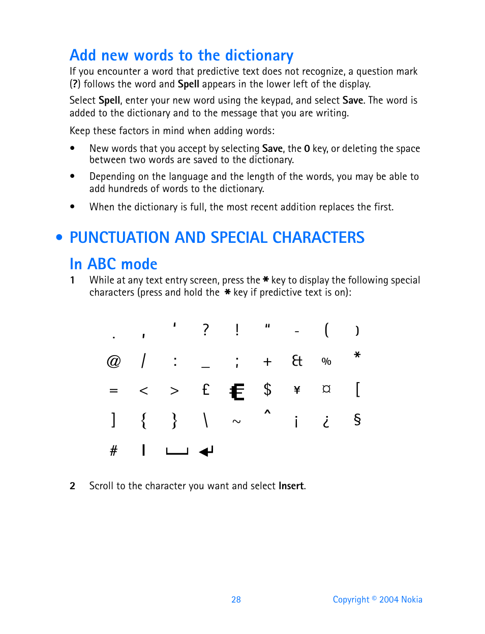 Punctuation and special characters, Add new words to the dictionary, Punctuation and special characters in abc mode | Nokia 3595 User Manual | Page 39 / 153