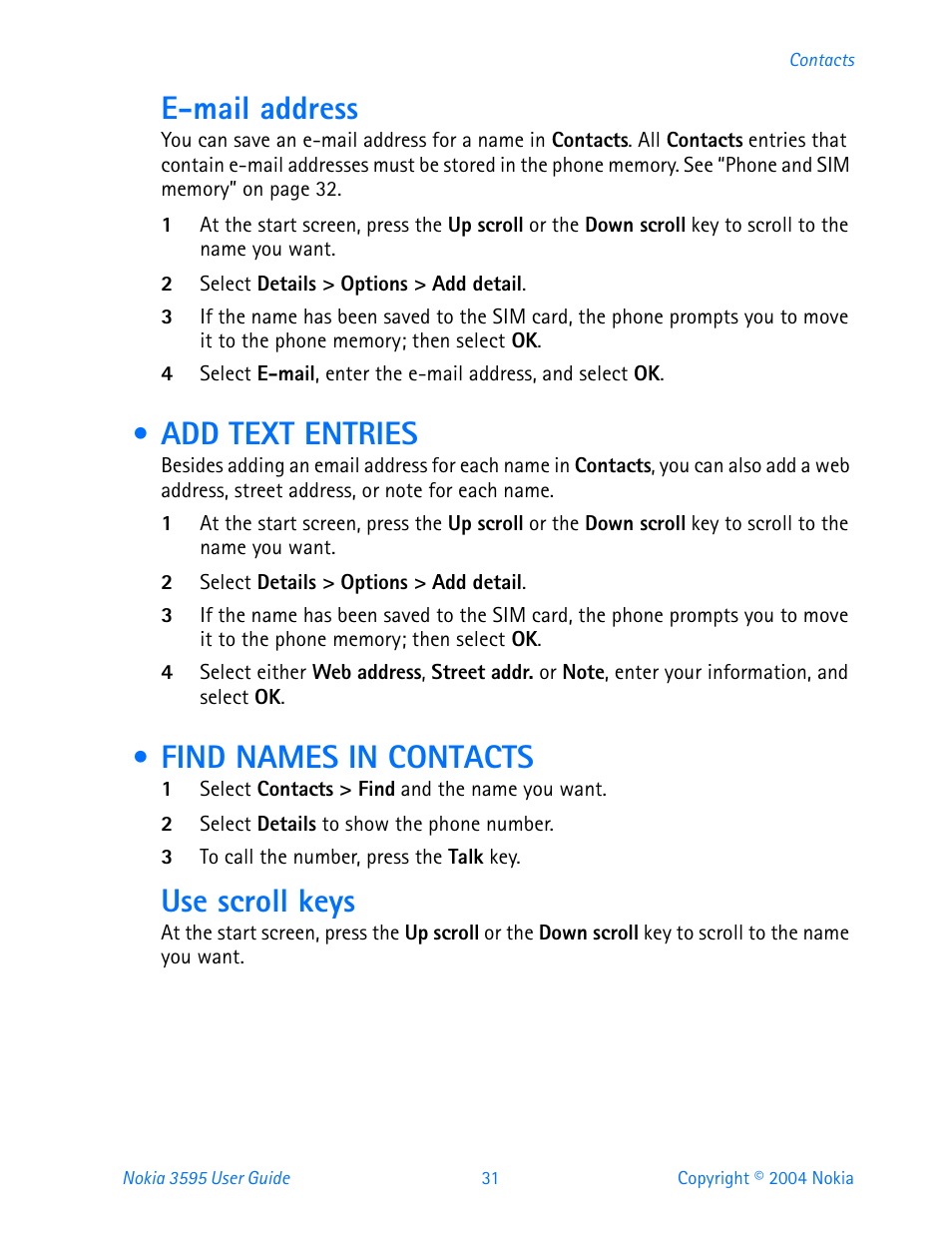 Add text entries, Find names in contacts, Add text entries find names in contacts | E-mail address, Use scroll keys | Nokia 3595 User Manual | Page 42 / 153