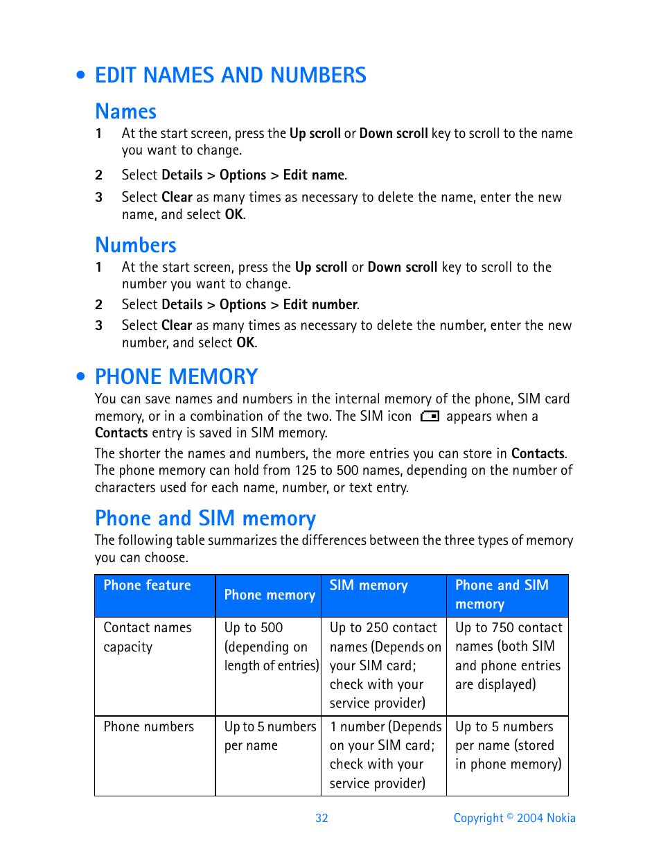 Edit names and numbers, Phone memory, Edit names and numbers phone memory | Edit names and numbers names, Numbers | Nokia 3595 User Manual | Page 43 / 153