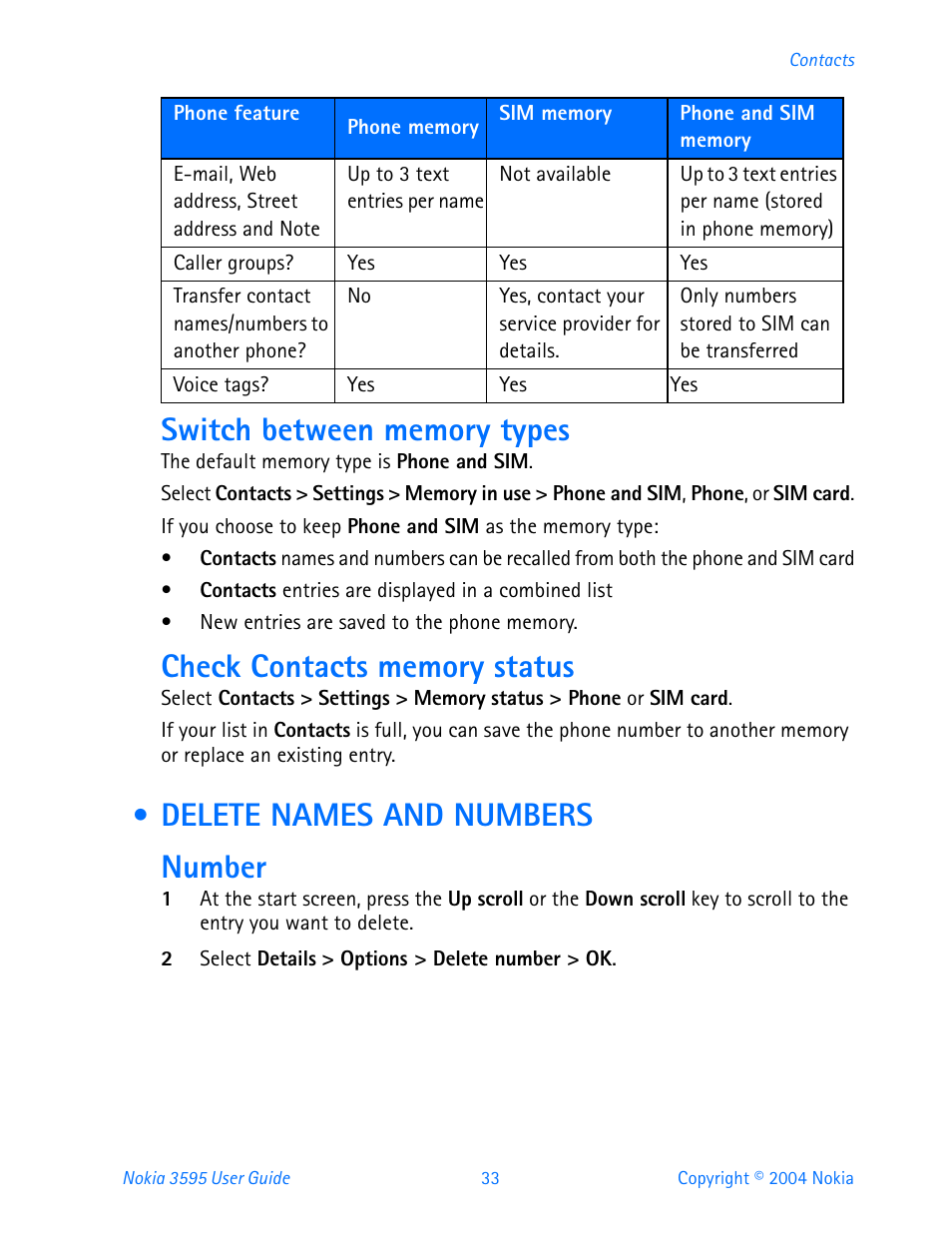 Delete names and numbers, Delete names and numbers number | Nokia 3595 User Manual | Page 44 / 153