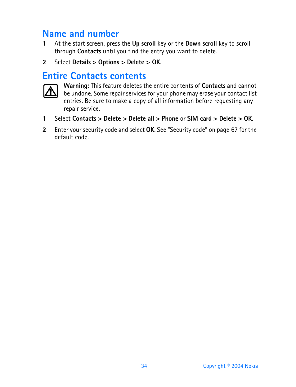 Name and number, Entire contacts contents | Nokia 3595 User Manual | Page 45 / 153