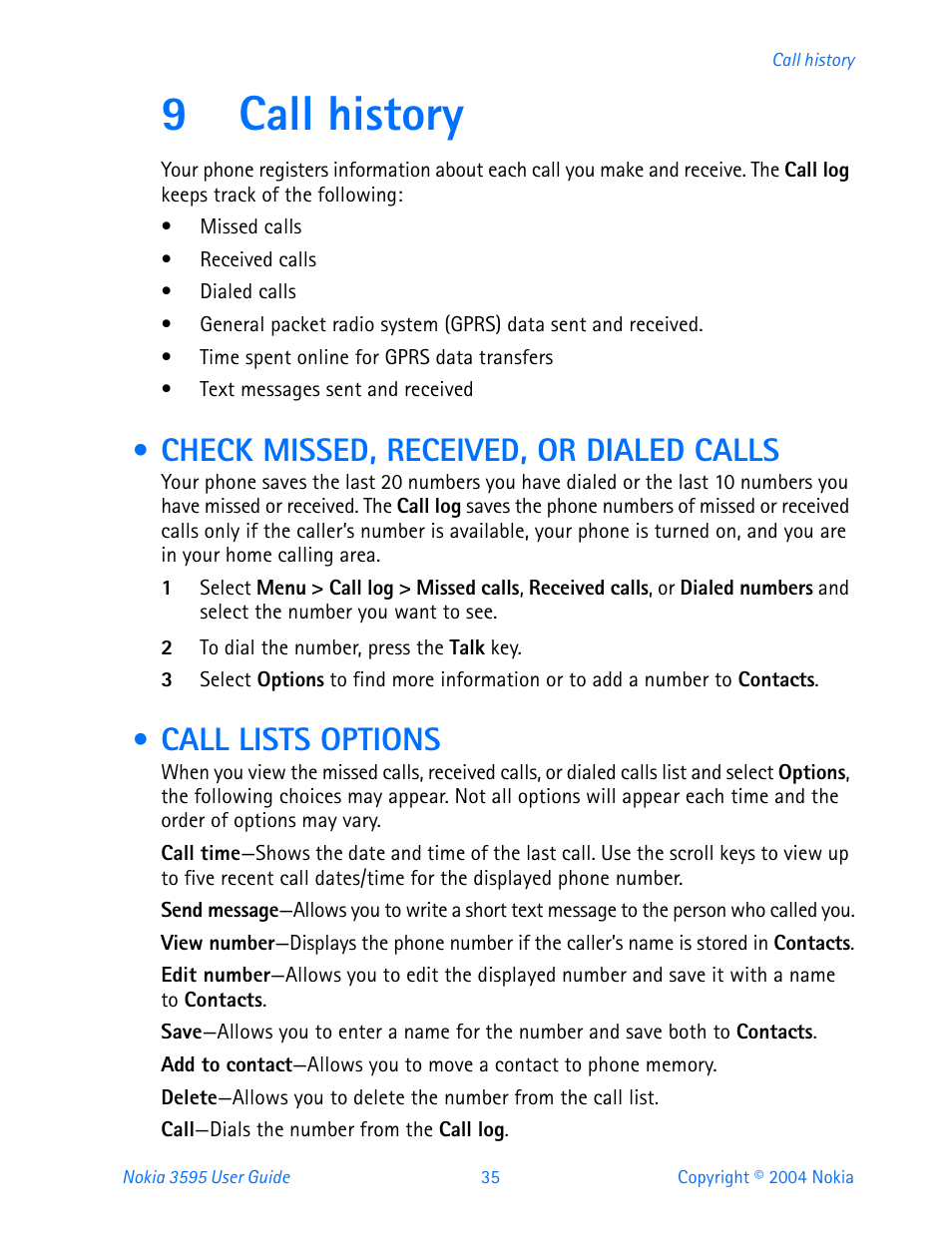 9 call history, Check missed, received, or dialed calls, Call lists options | Call history, 9call history | Nokia 3595 User Manual | Page 46 / 153