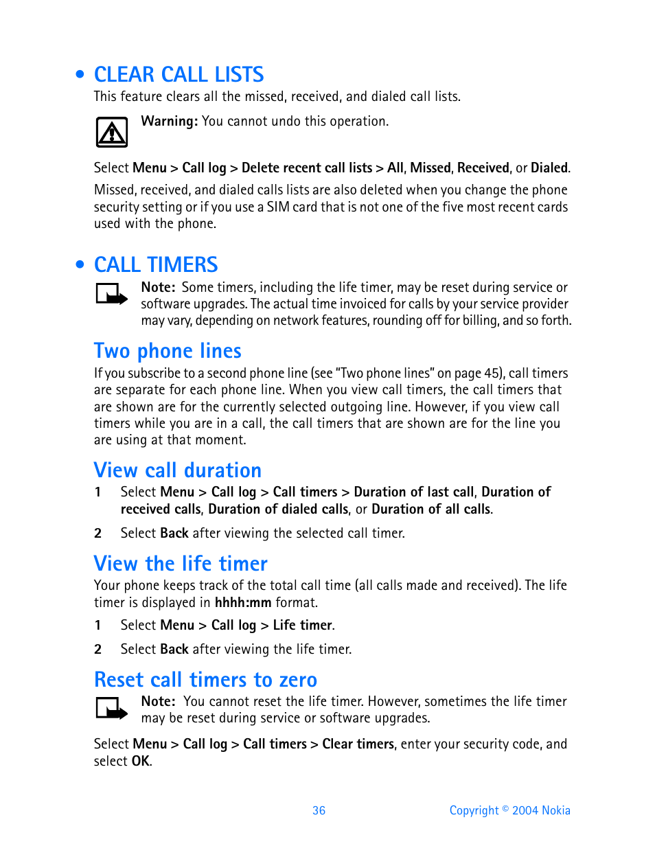 Clear call lists, Call timers, Clear call lists call timers | Two phone lines, View call duration, View the life timer, Reset call timers to zero | Nokia 3595 User Manual | Page 47 / 153