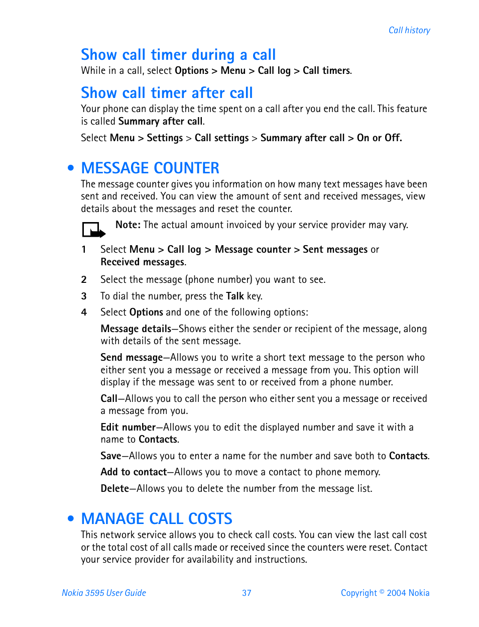 Message counter, Manage call costs, Message counter manage call costs | Show call timer during a call, Show call timer after call | Nokia 3595 User Manual | Page 48 / 153