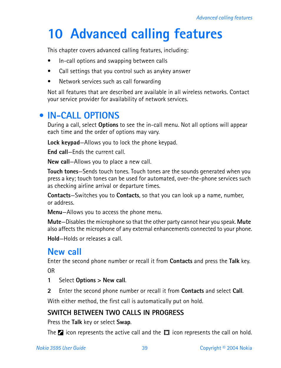 10 advanced calling features, In-call options, Advanced calling features | New call | Nokia 3595 User Manual | Page 50 / 153