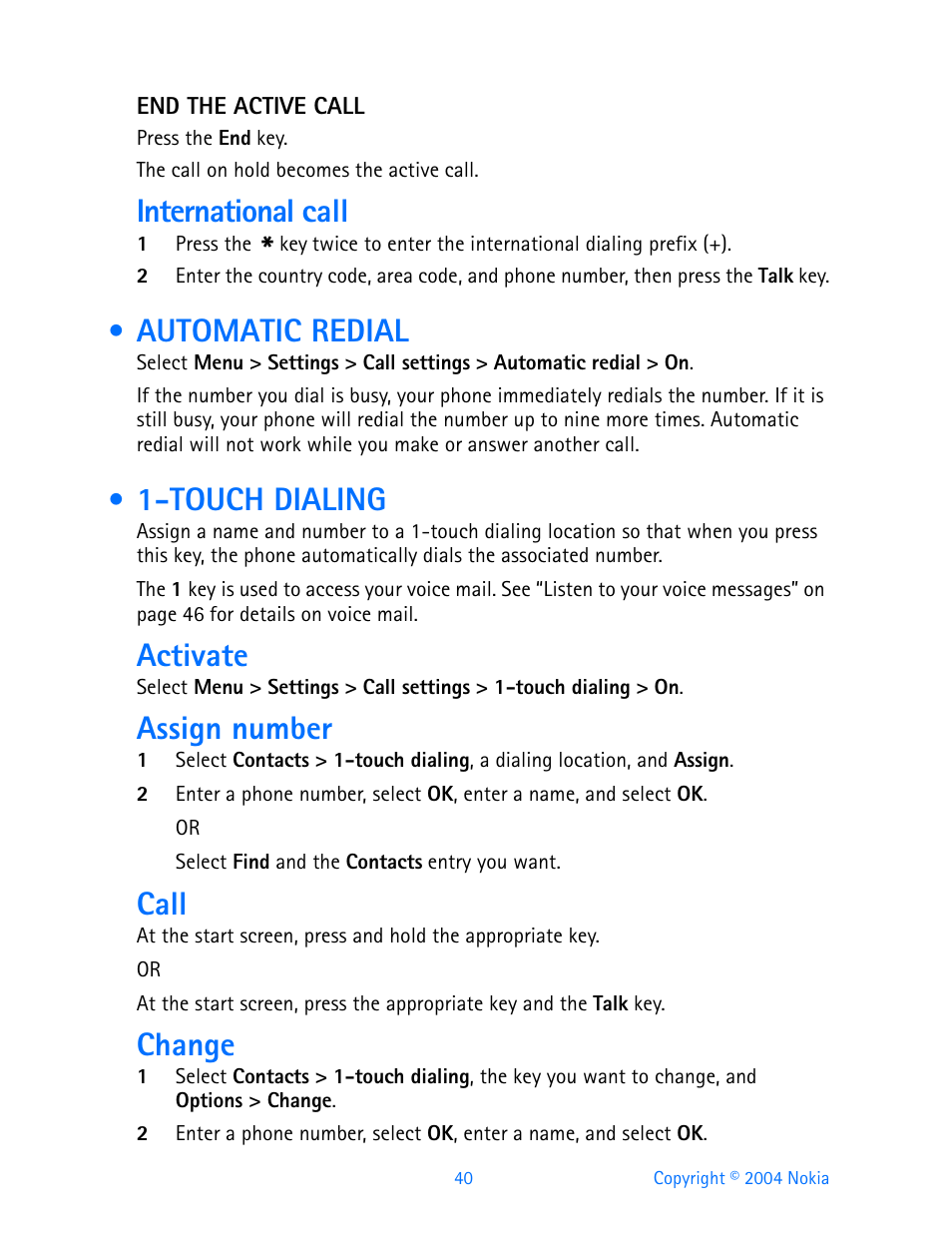 Automatic redial, Touch dialing, Automatic redial 1-touch dialing | International call, Activate, Assign number, Call, Change | Nokia 3595 User Manual | Page 51 / 153