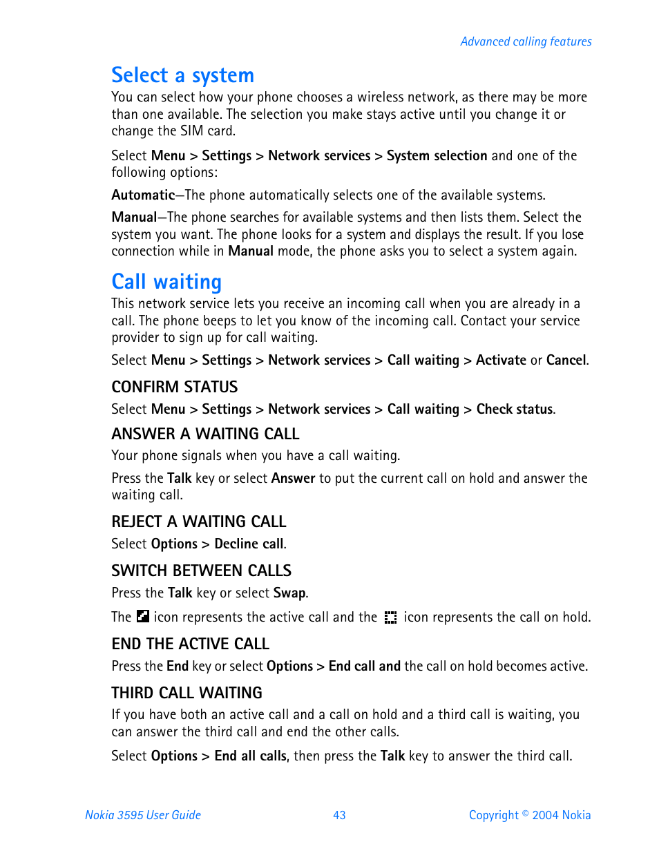 Select a system, Call waiting | Nokia 3595 User Manual | Page 54 / 153