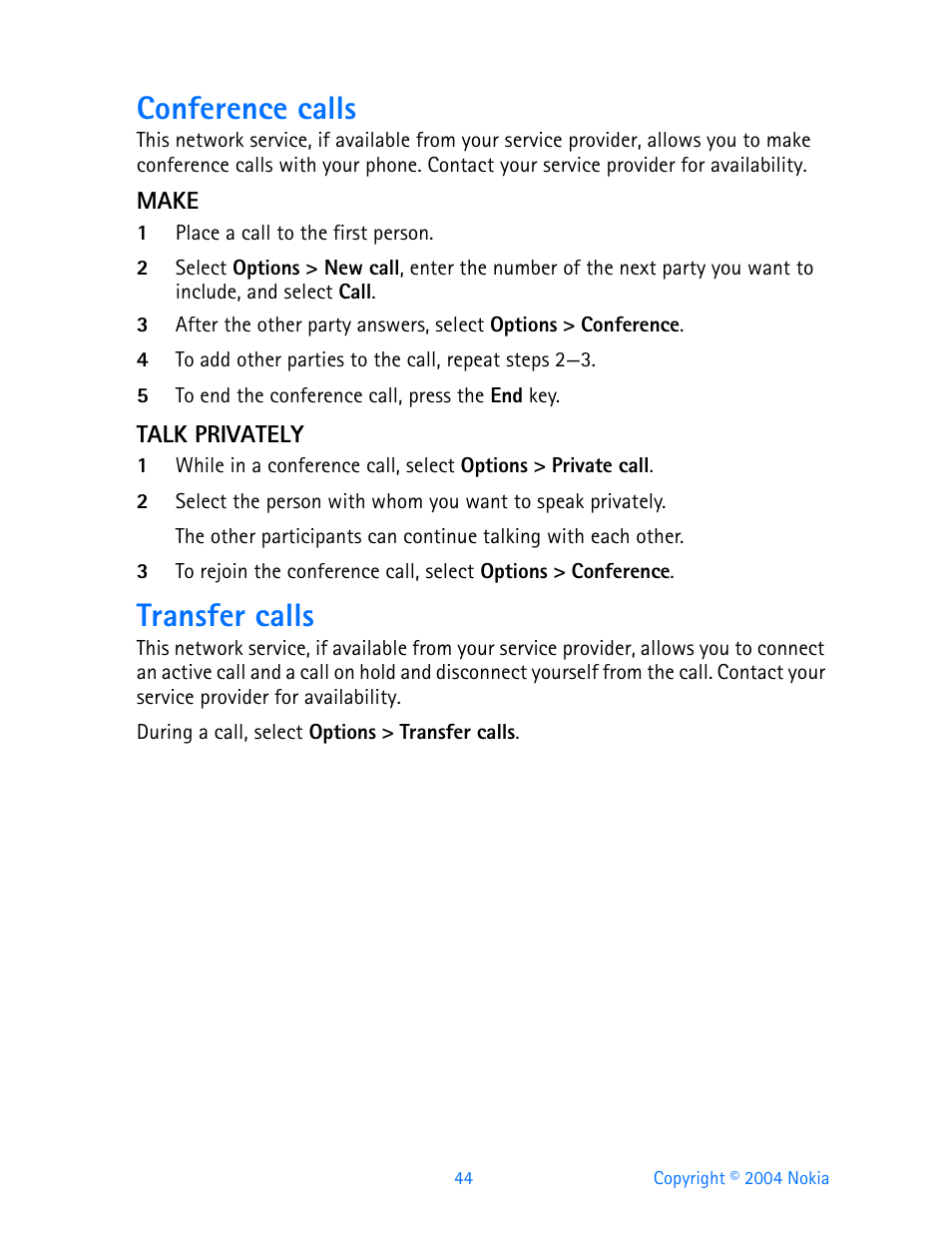 Conference calls, Transfer calls | Nokia 3595 User Manual | Page 55 / 153