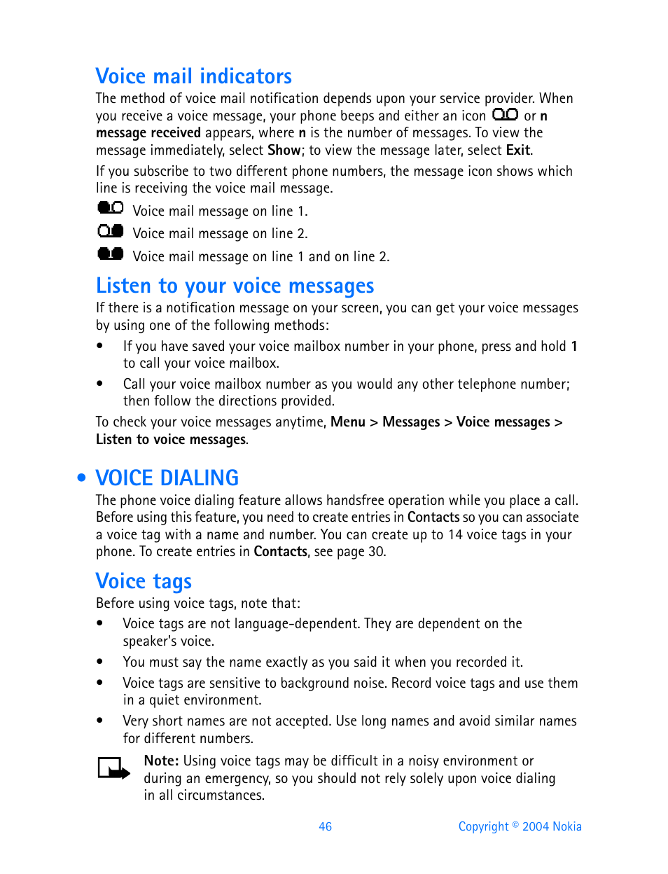 Voice dialing, Voice mail indicators, Listen to your voice messages | Voice tags | Nokia 3595 User Manual | Page 57 / 153