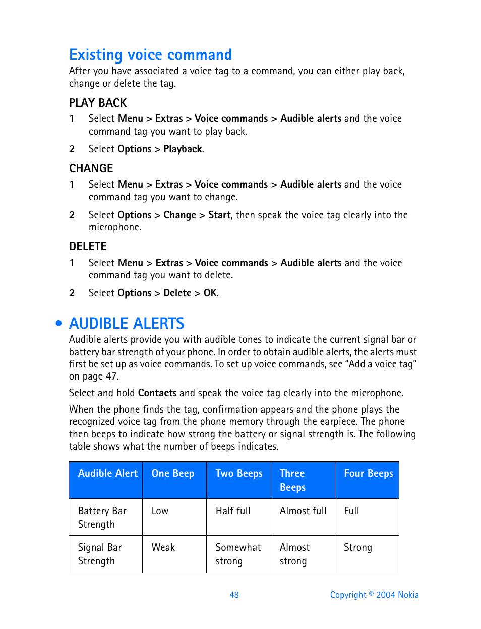 Audible alerts, Existing voice command | Nokia 3595 User Manual | Page 59 / 153