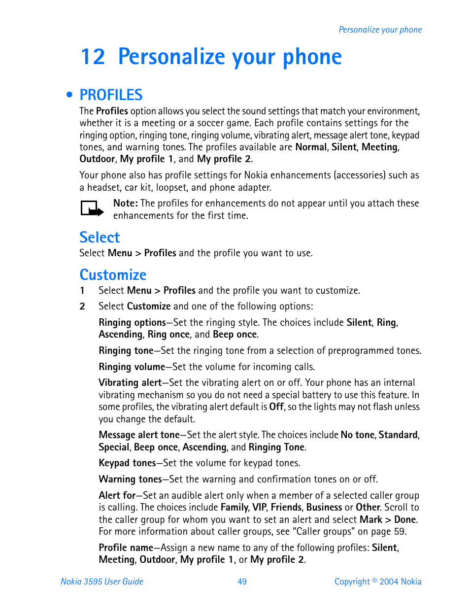 12 personalize your phone, Profiles, Personalize your phone | Select, Customize | Nokia 3595 User Manual | Page 60 / 153