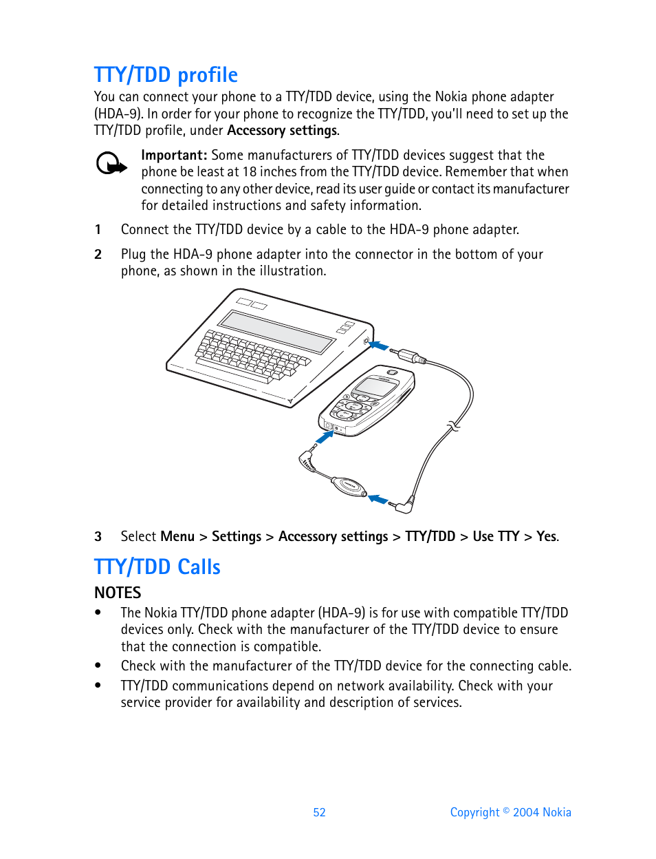 Tty/tdd profile, Tty/tdd calls | Nokia 3595 User Manual | Page 63 / 153