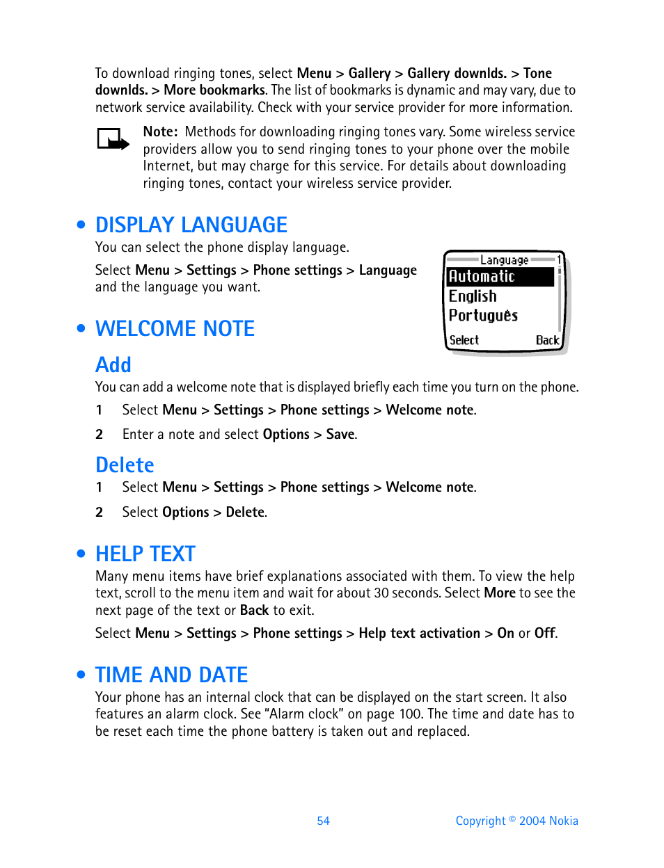 Display language, Welcome note, Help text | Time and date, Welcome note help text time and date, Delete | Nokia 3595 User Manual | Page 65 / 153