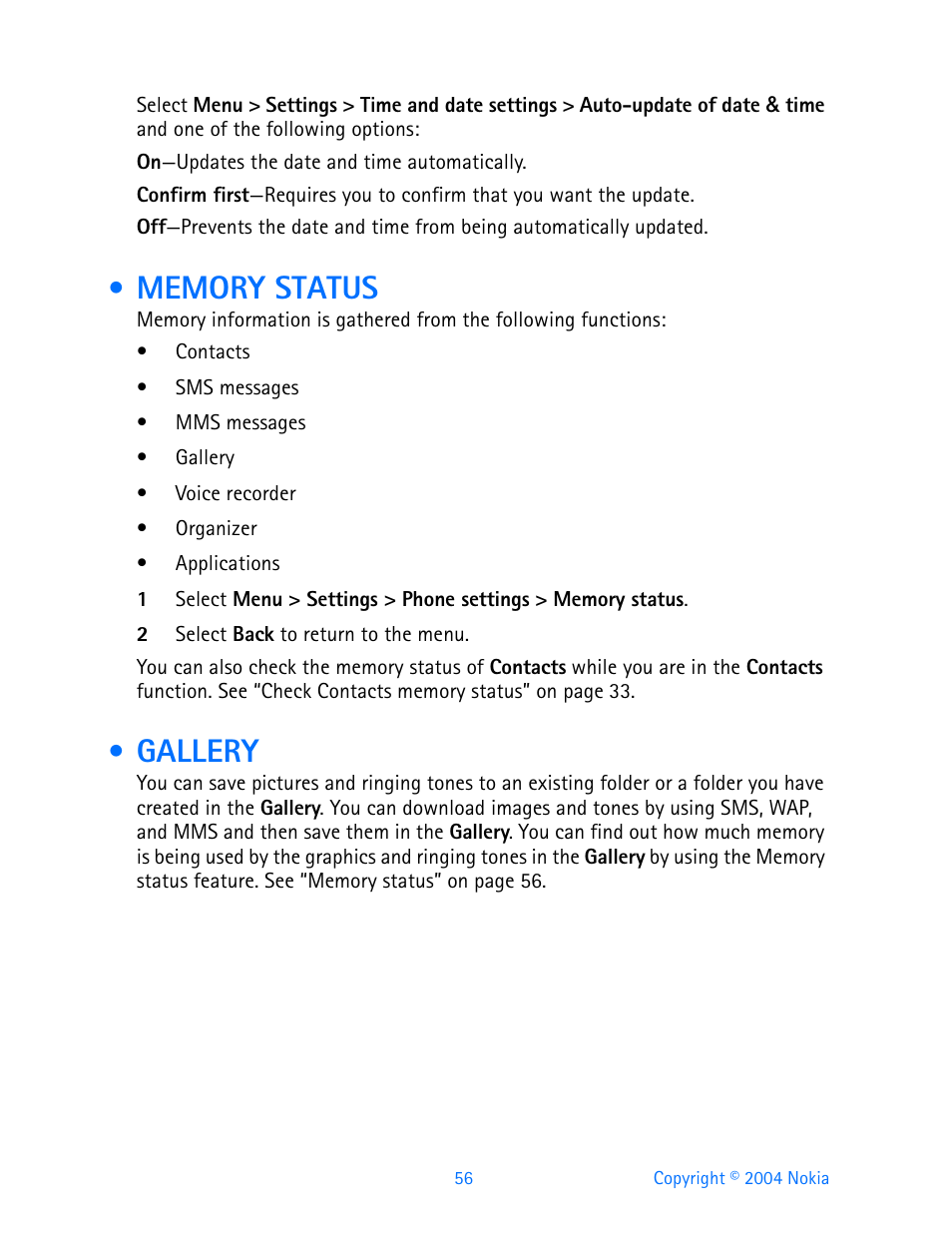 Memory status, Gallery, Memory status gallery | Nokia 3595 User Manual | Page 67 / 153