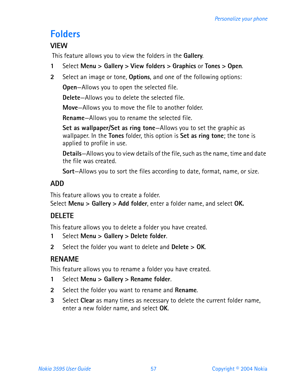 Folders | Nokia 3595 User Manual | Page 68 / 153