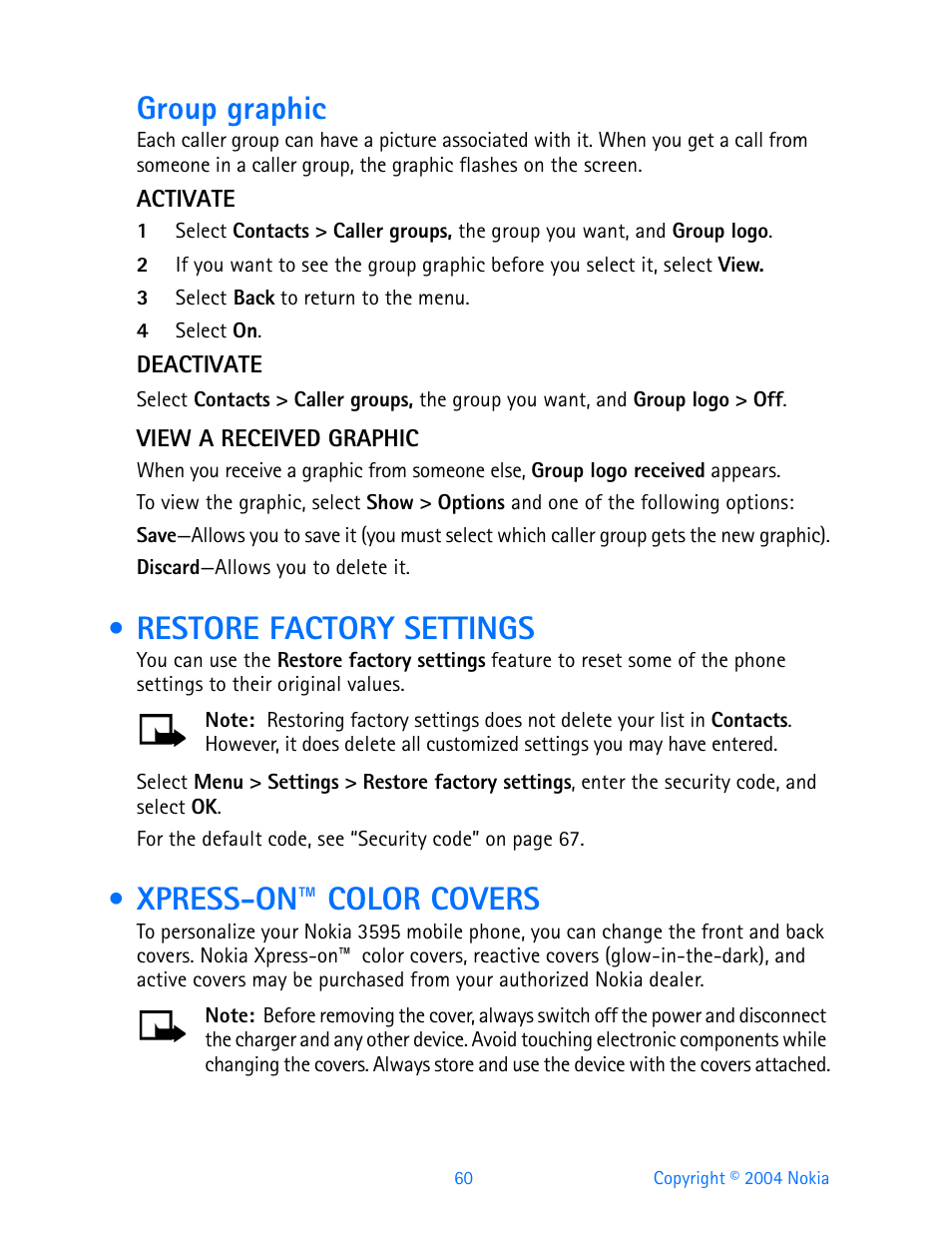 Restore factory settings, Xpress-on™ color covers, Restore factory settings xpress-on™ color covers | Group graphic | Nokia 3595 User Manual | Page 71 / 153
