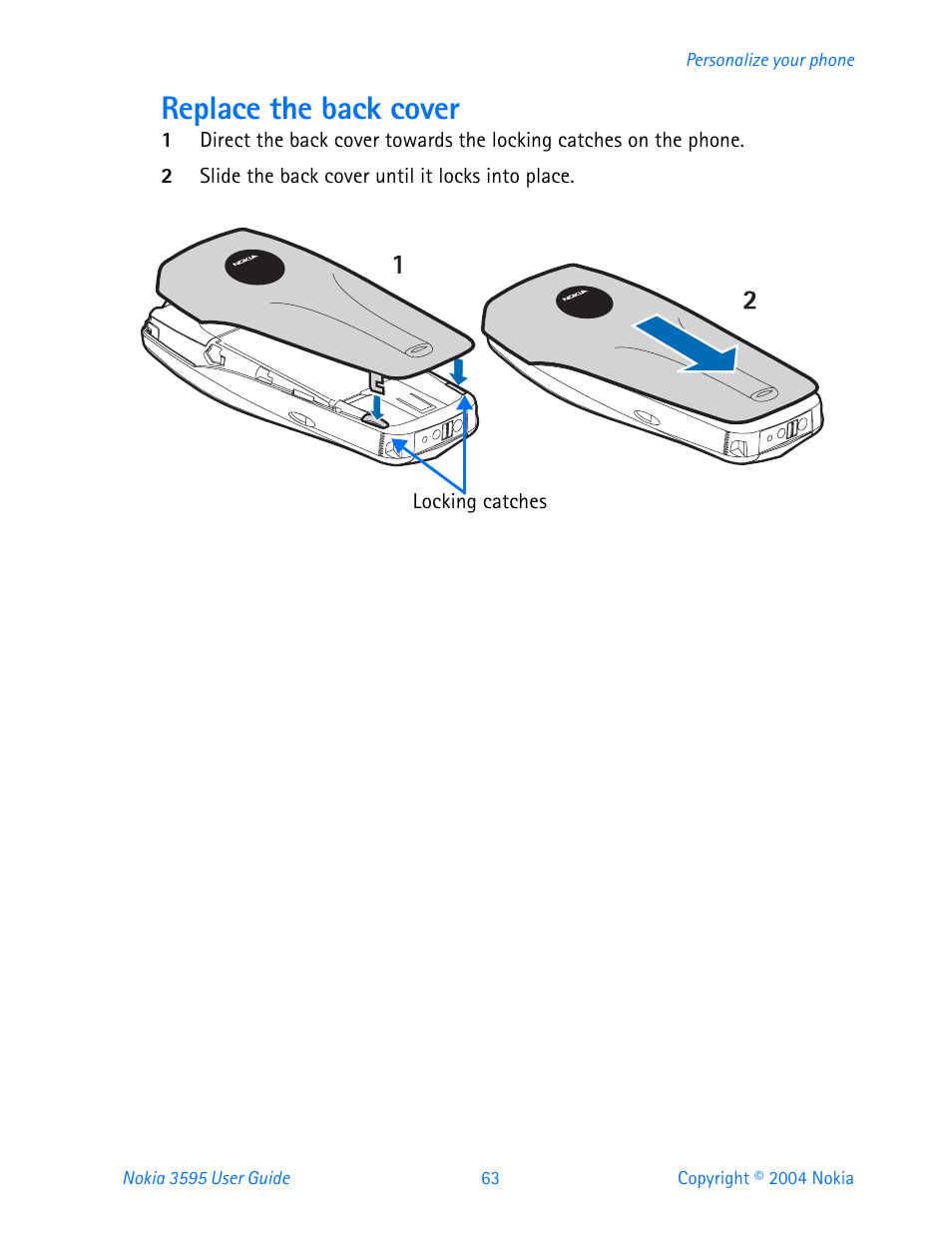 Replace the back cover | Nokia 3595 User Manual | Page 74 / 153