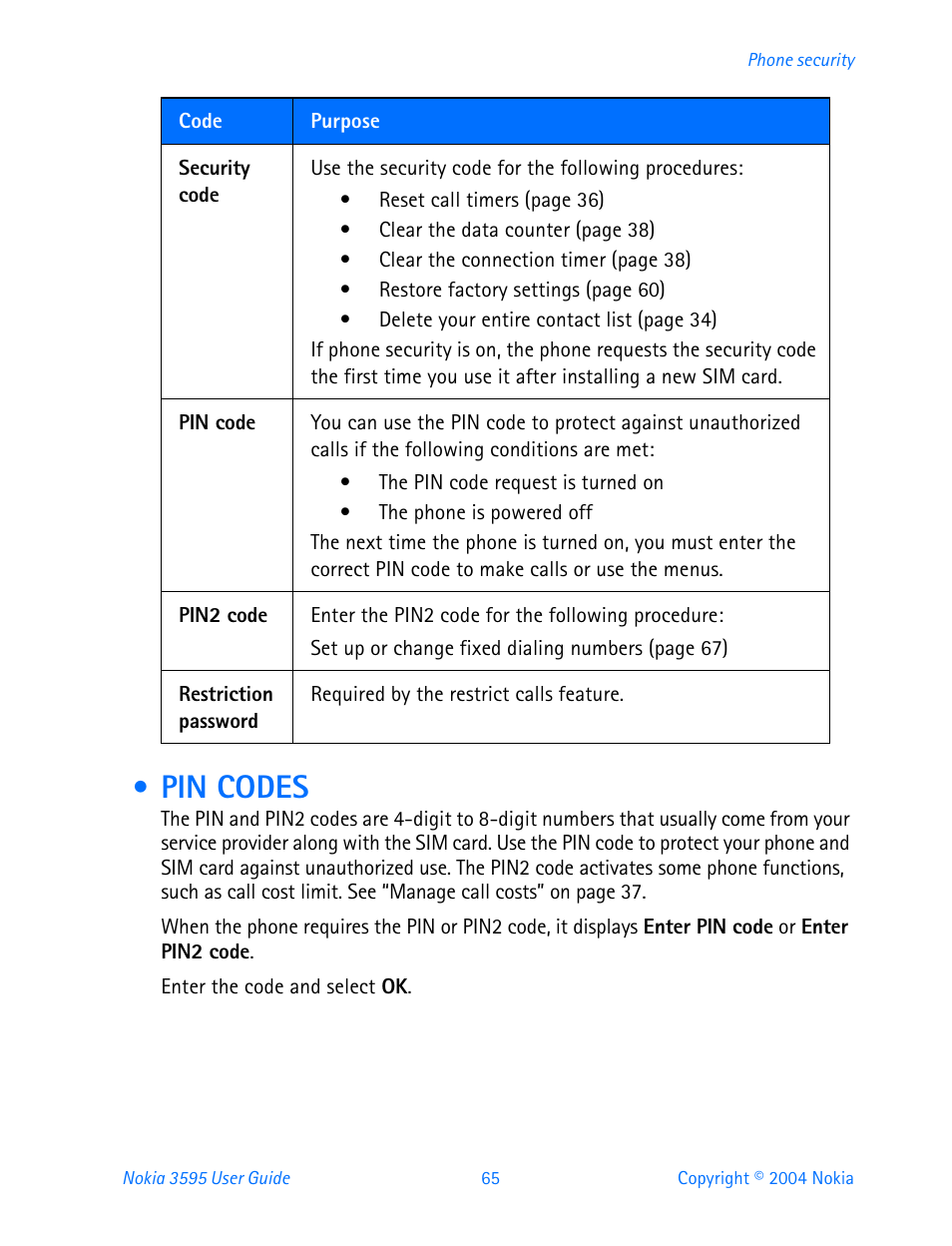 Pin codes | Nokia 3595 User Manual | Page 76 / 153
