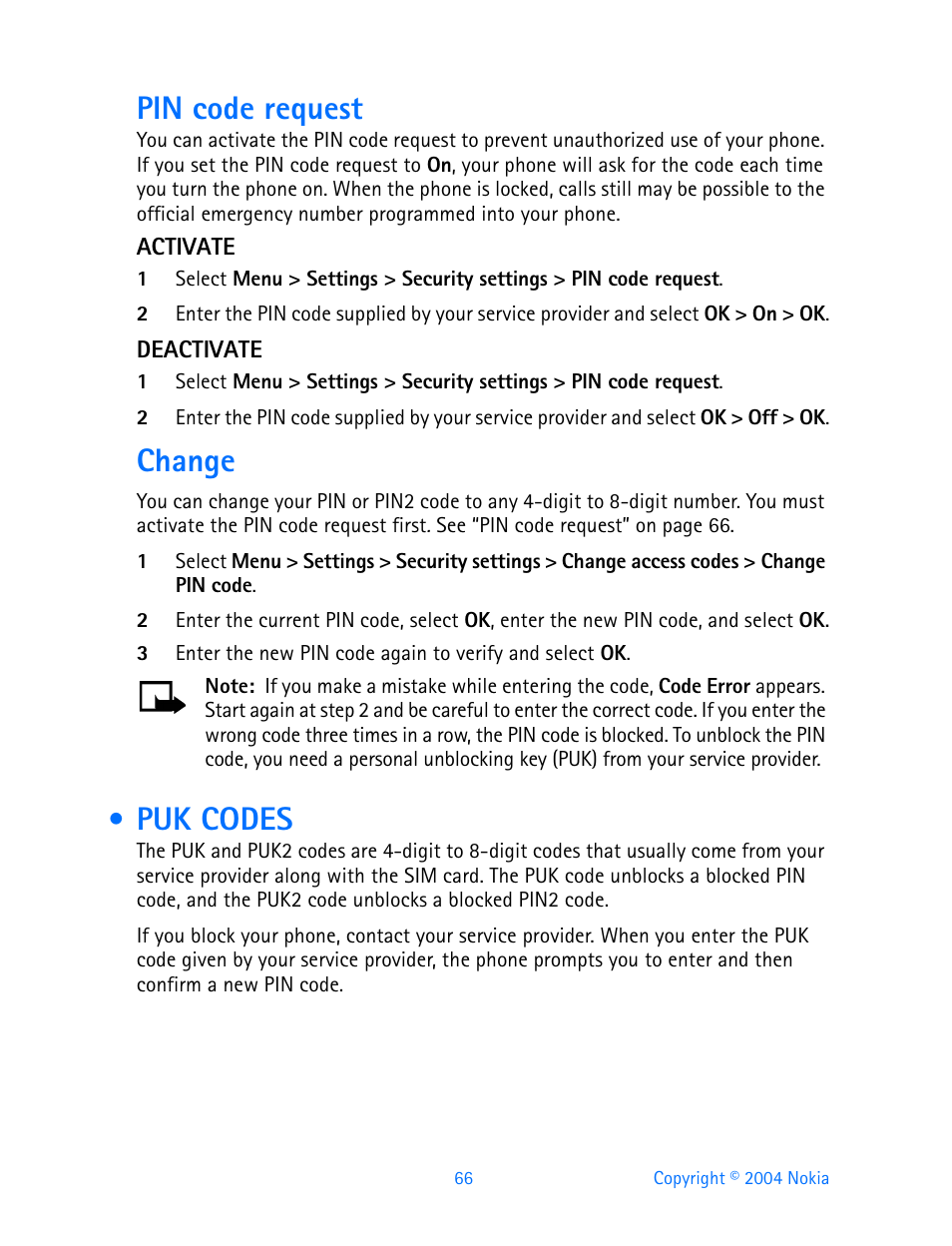 Puk codes, Pin code request, Change | Nokia 3595 User Manual | Page 77 / 153