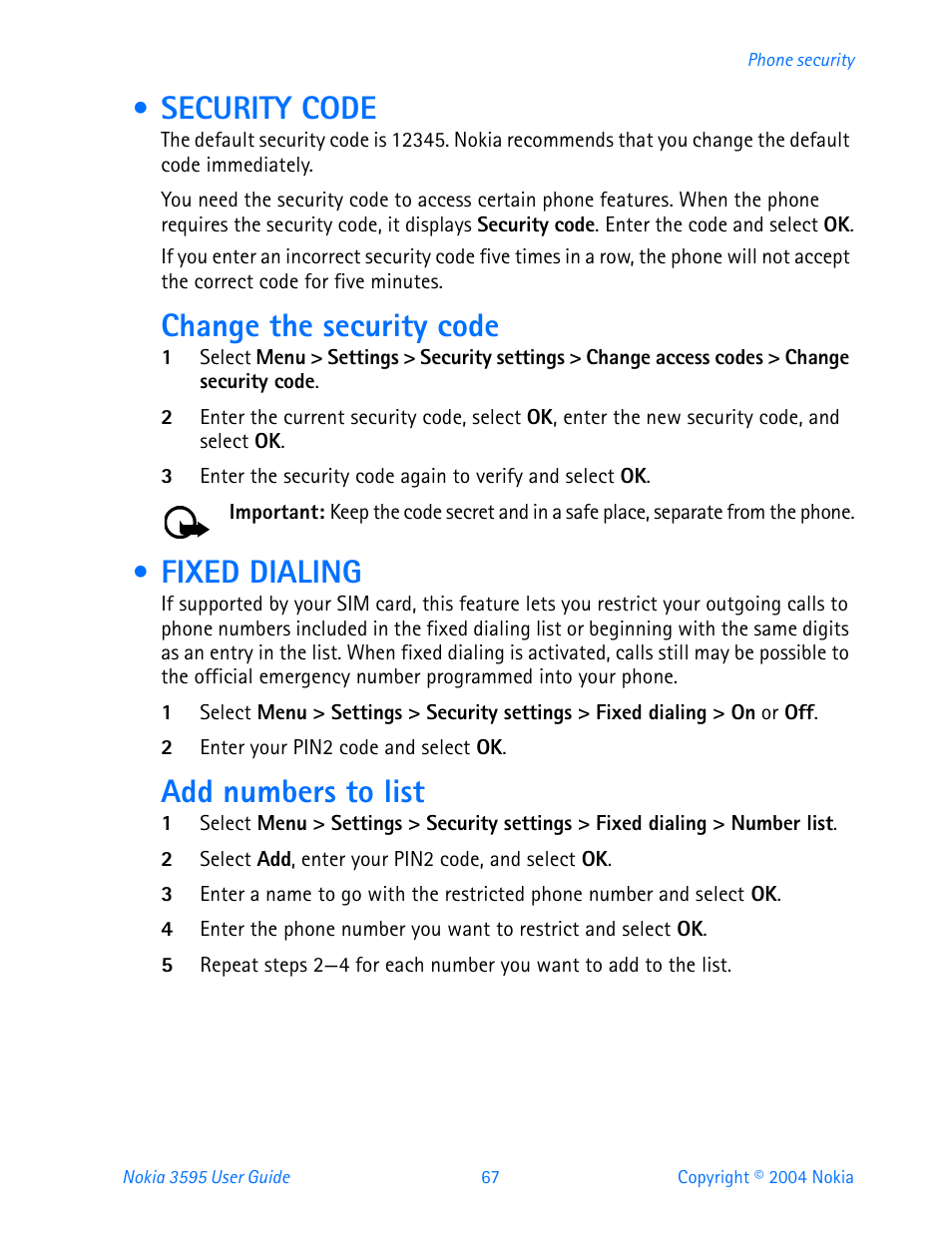 Security code, Fixed dialing, Security code fixed dialing | Change the security code, Add numbers to list | Nokia 3595 User Manual | Page 78 / 153