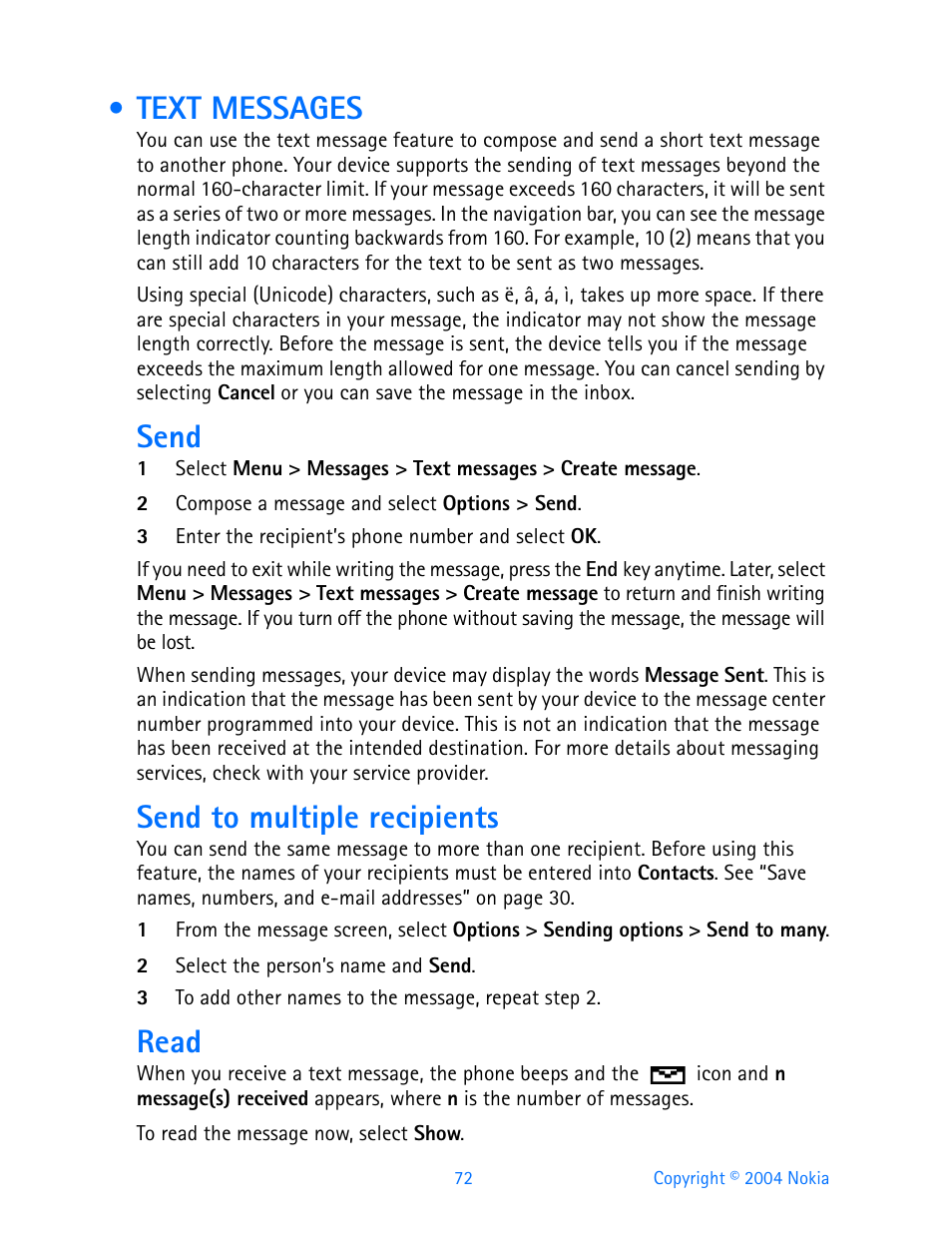 Text messages, Send, Send to multiple recipients | Read | Nokia 3595 User Manual | Page 83 / 153