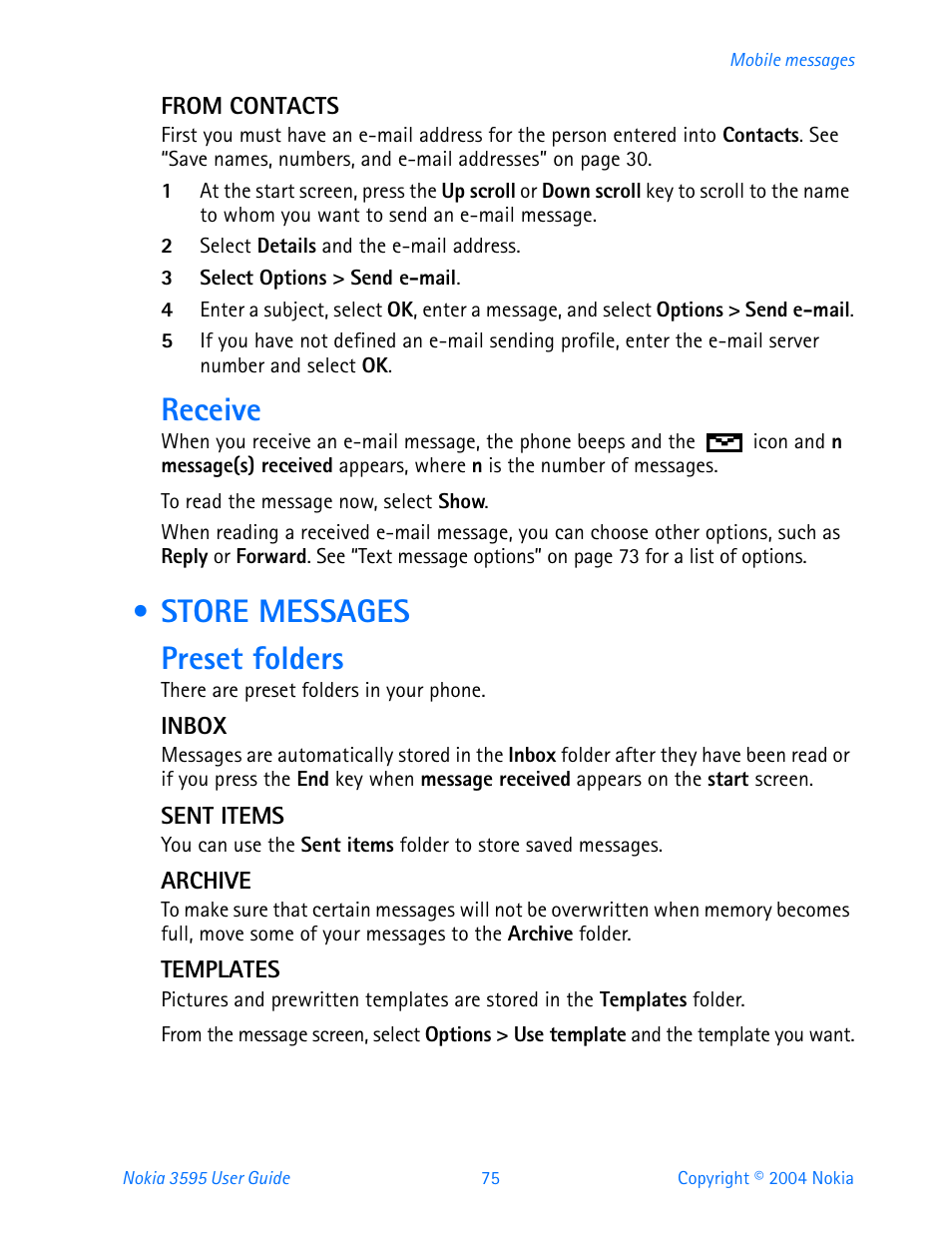 Store messages, Receive, Store messages preset folders | Nokia 3595 User Manual | Page 86 / 153