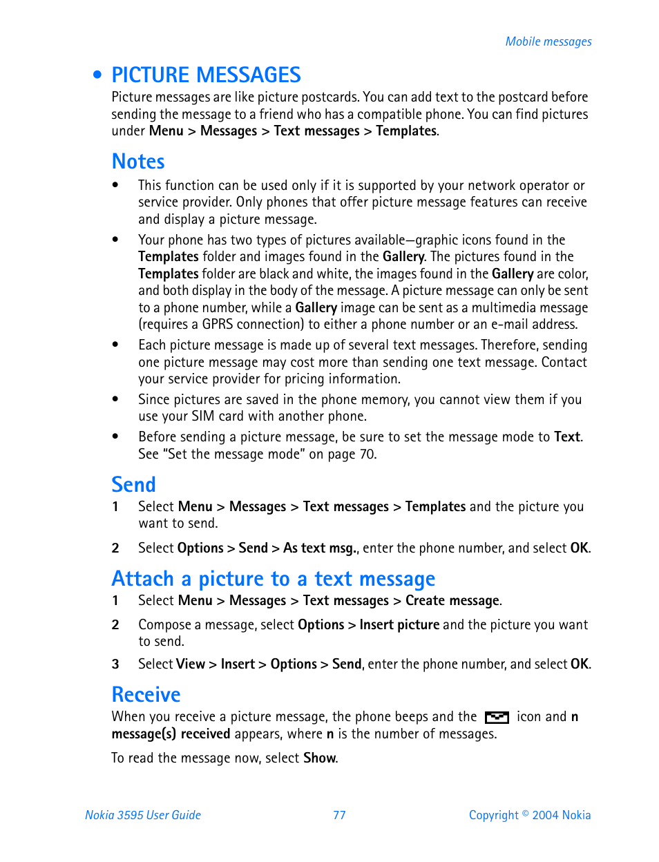 Picture messages, Send, Attach a picture to a text message | Receive | Nokia 3595 User Manual | Page 88 / 153