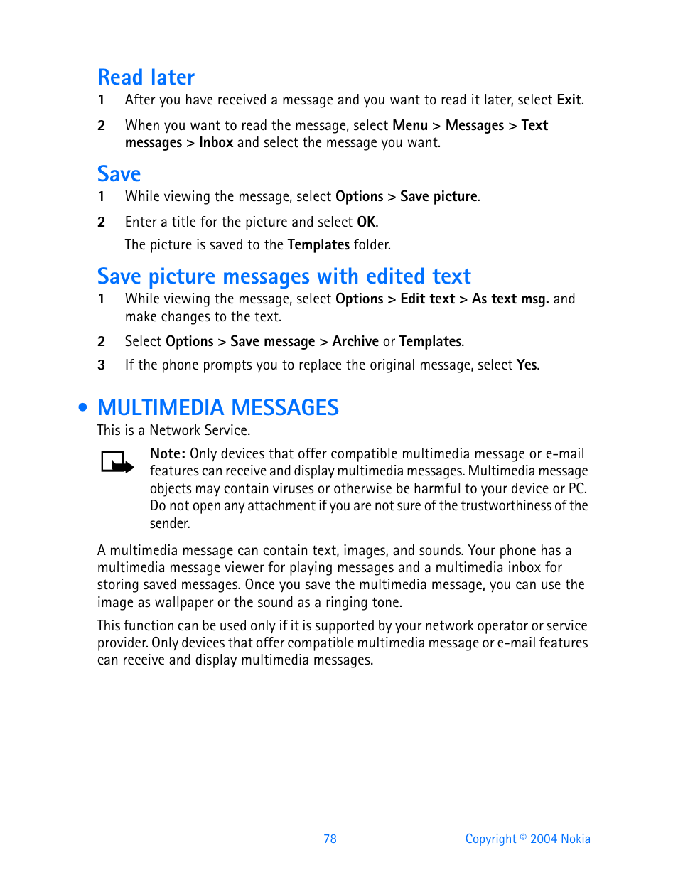 Multimedia messages, Read later, Save | Save picture messages with edited text | Nokia 3595 User Manual | Page 89 / 153