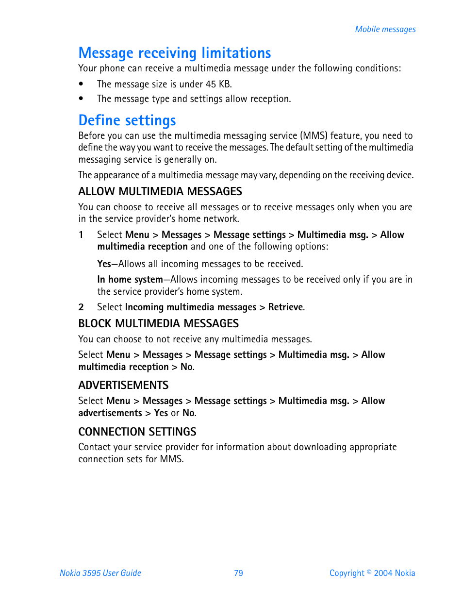 Message receiving limitations, Define settings | Nokia 3595 User Manual | Page 90 / 153
