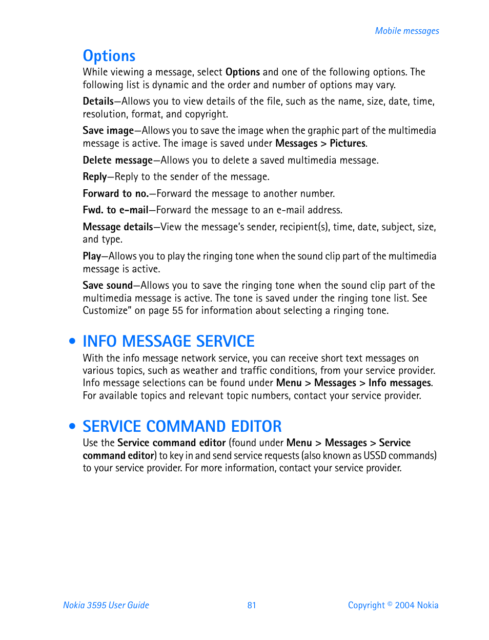 Info message service, Service command editor, Info message service service command editor | Options | Nokia 3595 User Manual | Page 92 / 153